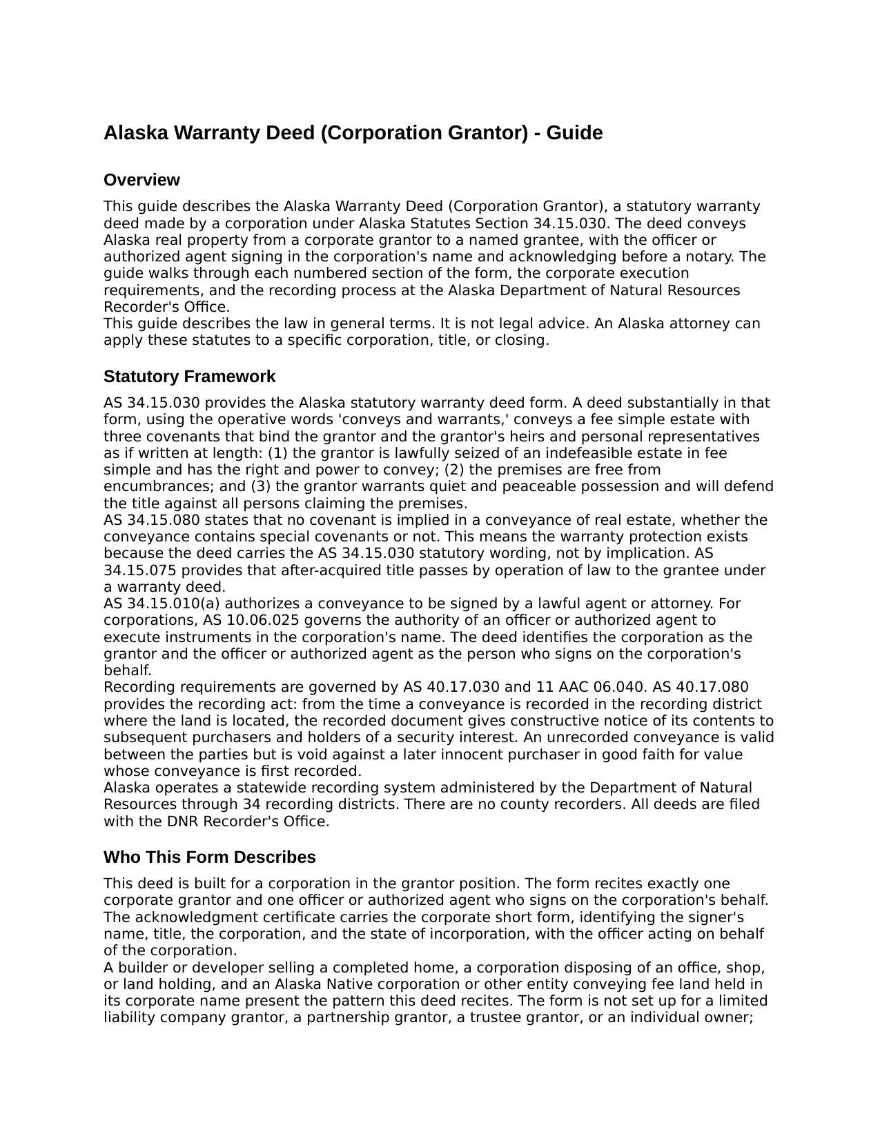 Yukon Koyukuk Borough Warranty Deed (Corporation Grantor) Guide