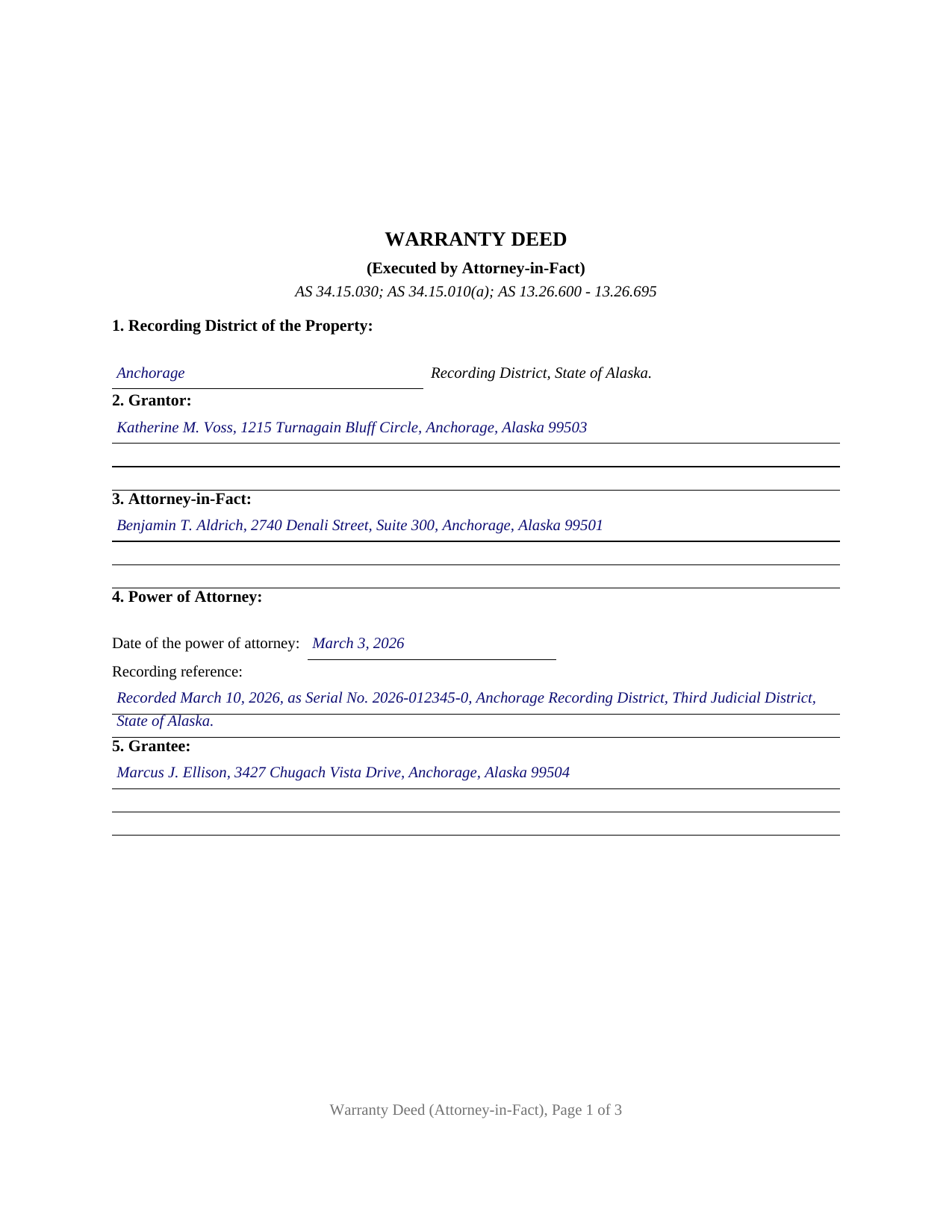 Yukon Koyukuk Borough Completed Example of the Warranty Deed (Executed by Attorney-in-Fact) Document