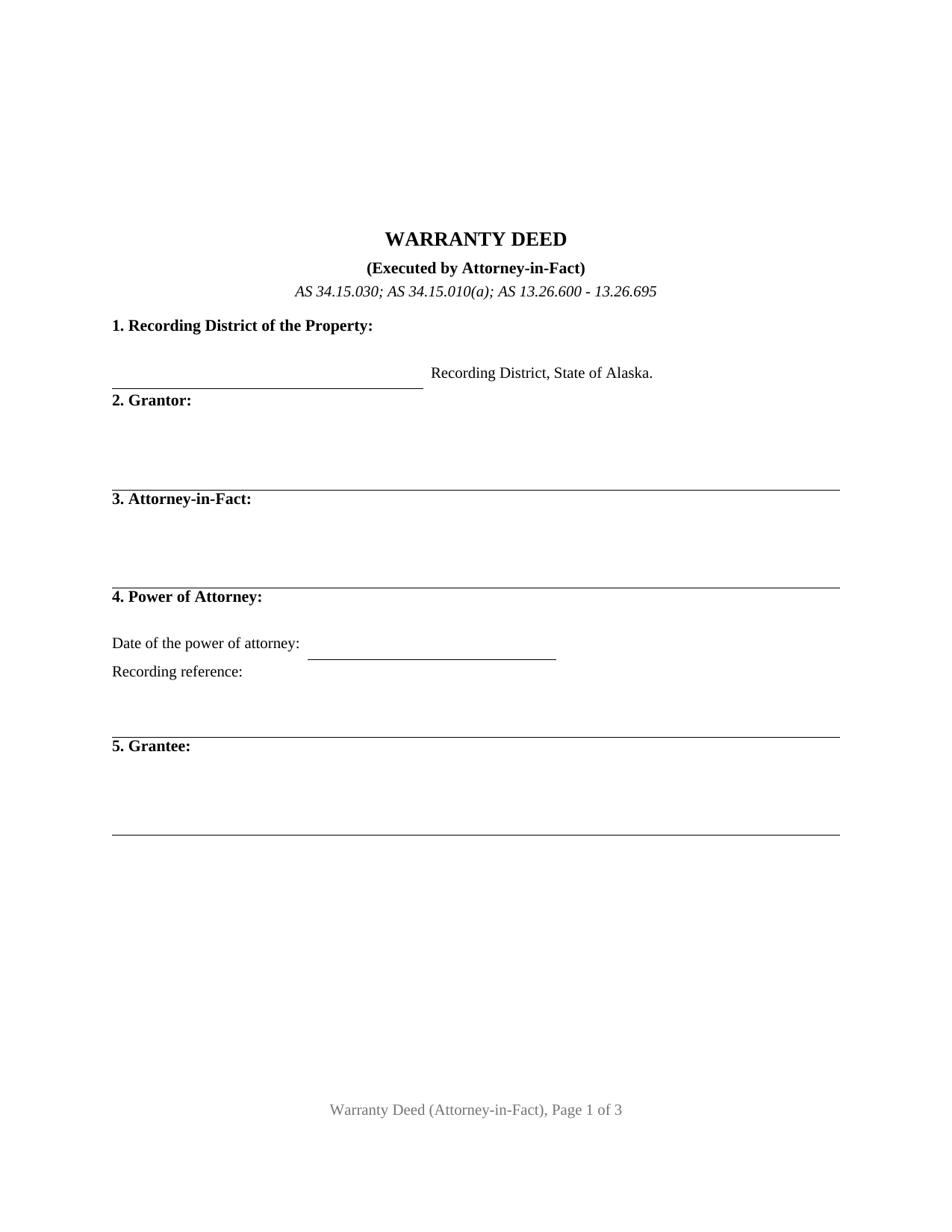Yukon Koyukuk Borough Warranty Deed (Executed by Attorney-in-Fact) Form