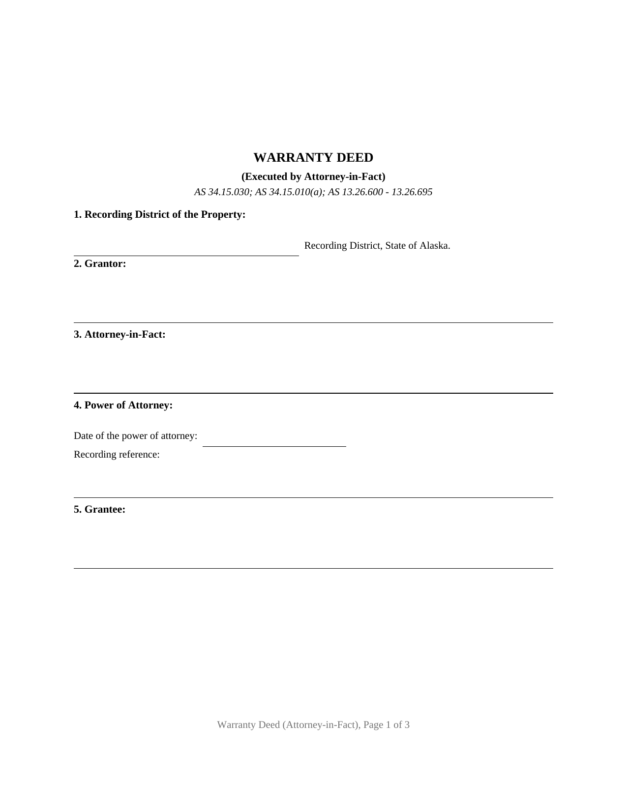 Yukon Koyukuk Borough Warranty Deed (Executed by Attorney-in-Fact) Form