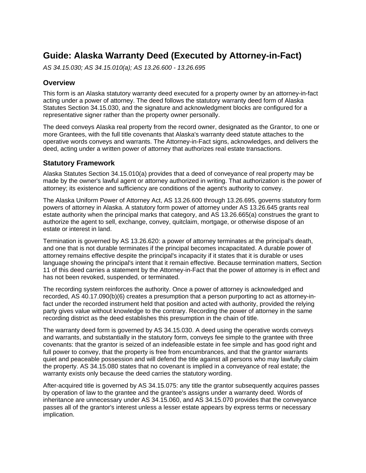 Yukon Koyukuk Borough Warranty Deed (Executed by Attorney-in-Fact) Guide
