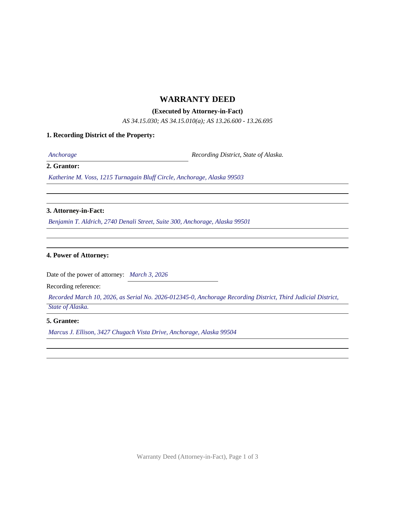 Yukon Koyukuk Borough Completed Example of the Warranty Deed (Executed by Attorney-in-Fact) Document