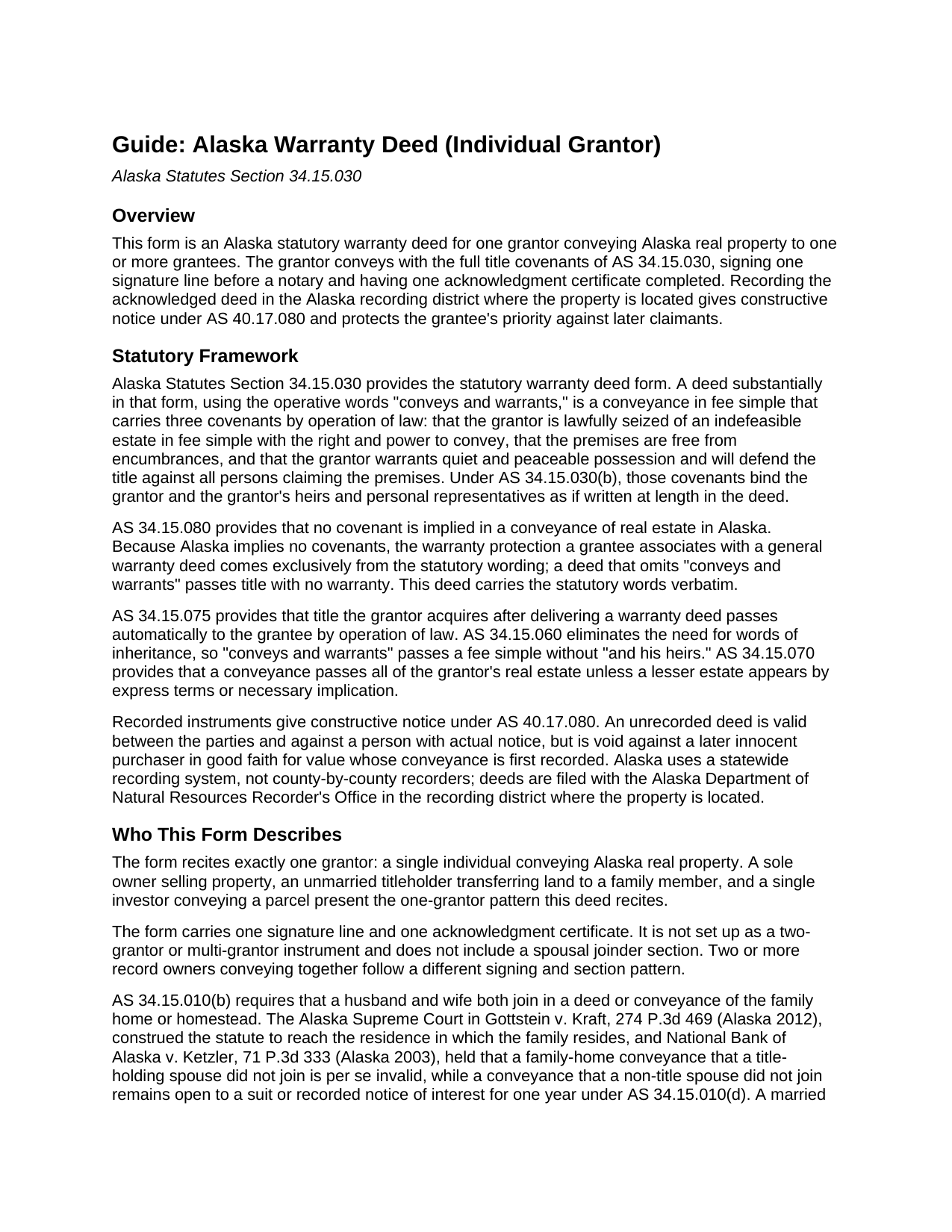 Aleutians East Borough Warranty Deed (Individual Grantor) Guide