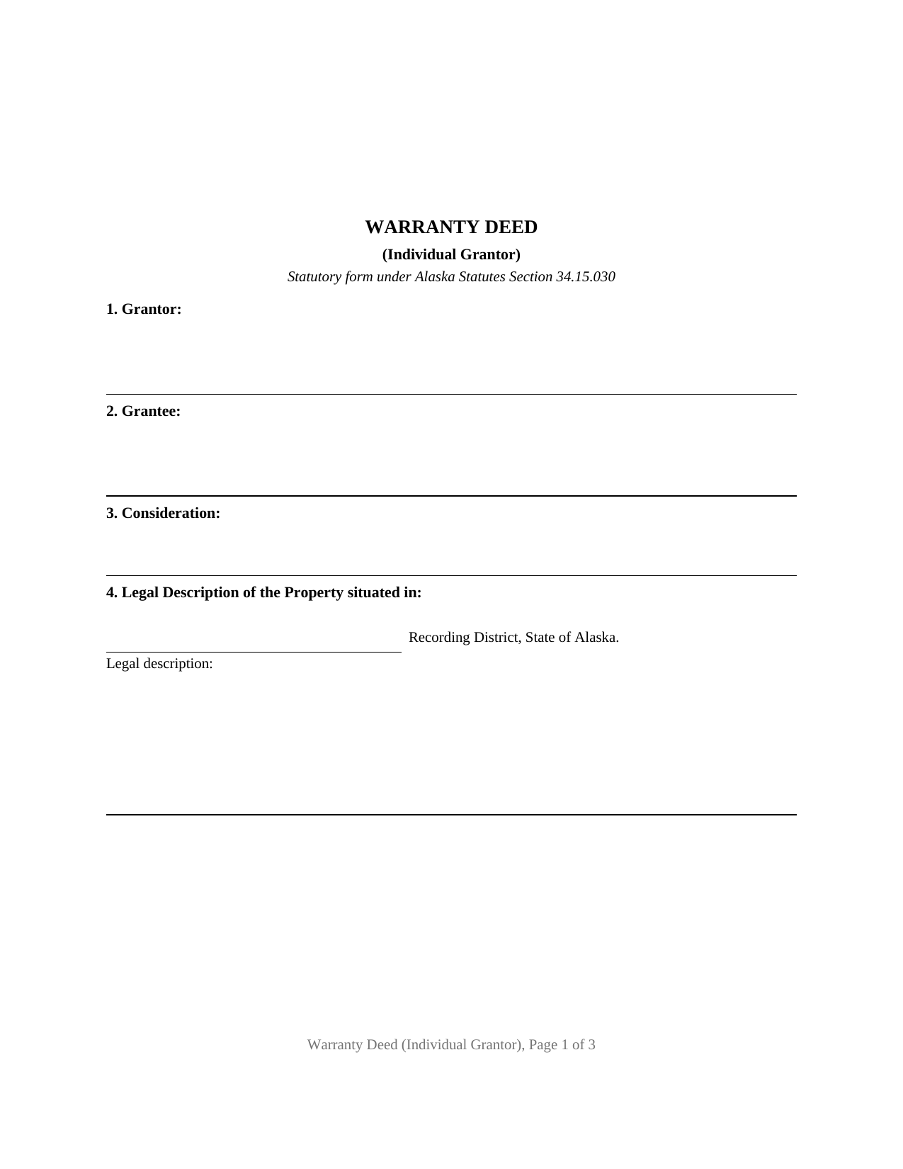 Aleutians East Borough Warranty Deed (Individual Grantor) Form
