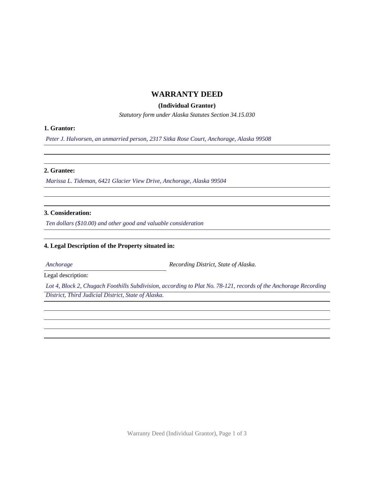 Aleutians East Borough Completed Example of the Warranty Deed (Individual Grantor) Document
