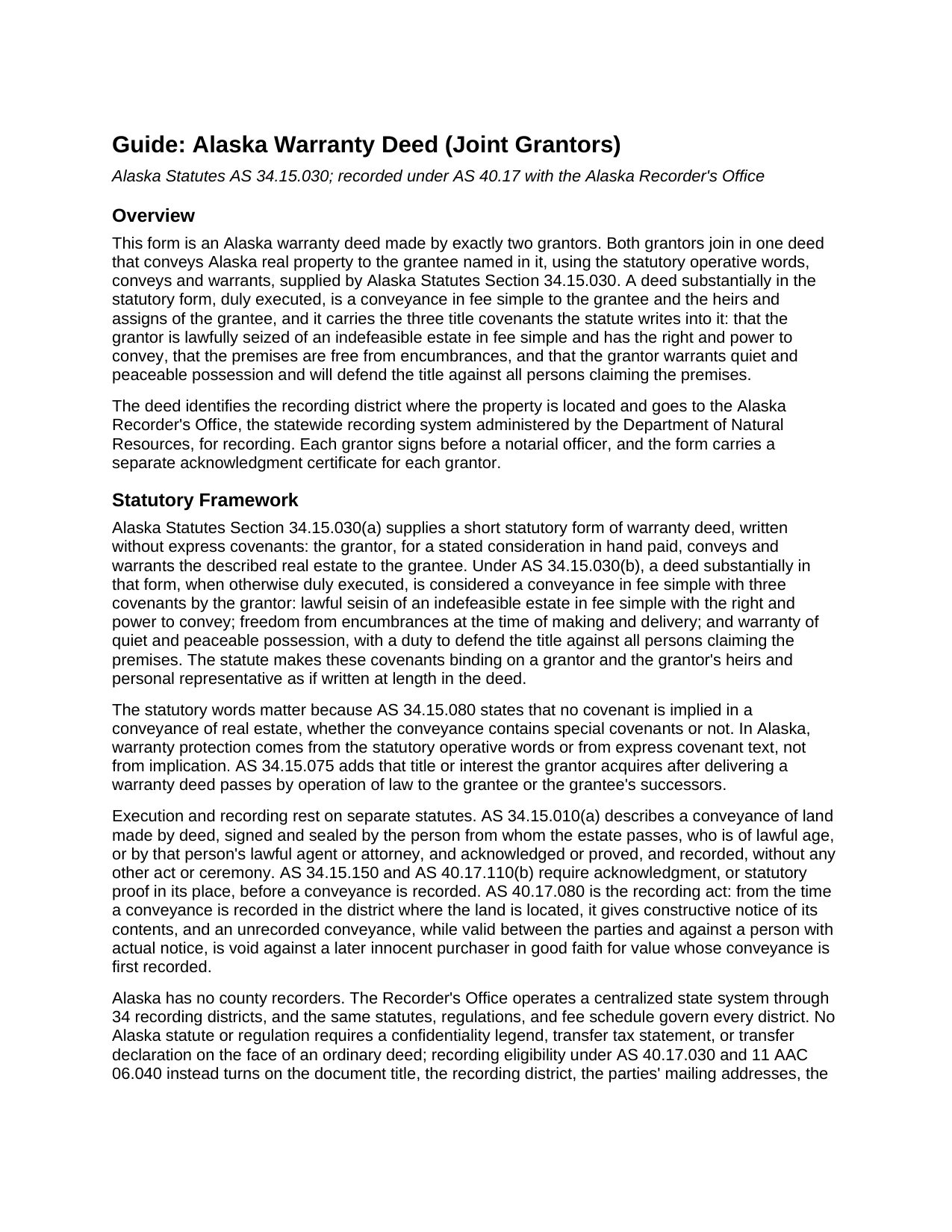 Yukon Koyukuk Borough Warranty Deed (Joint Grantors) Guide