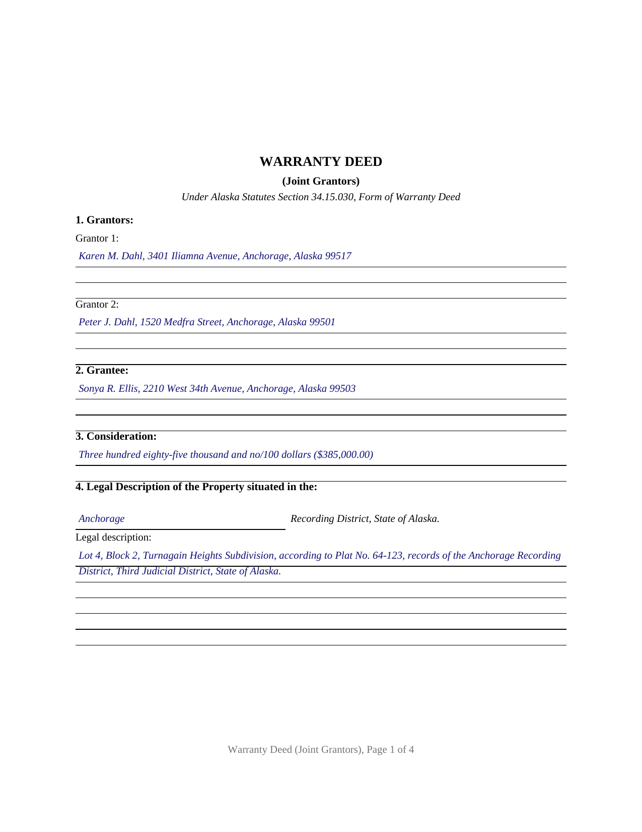 Yukon Koyukuk Borough Completed Example of the Warranty Deed (Joint Grantors) Document