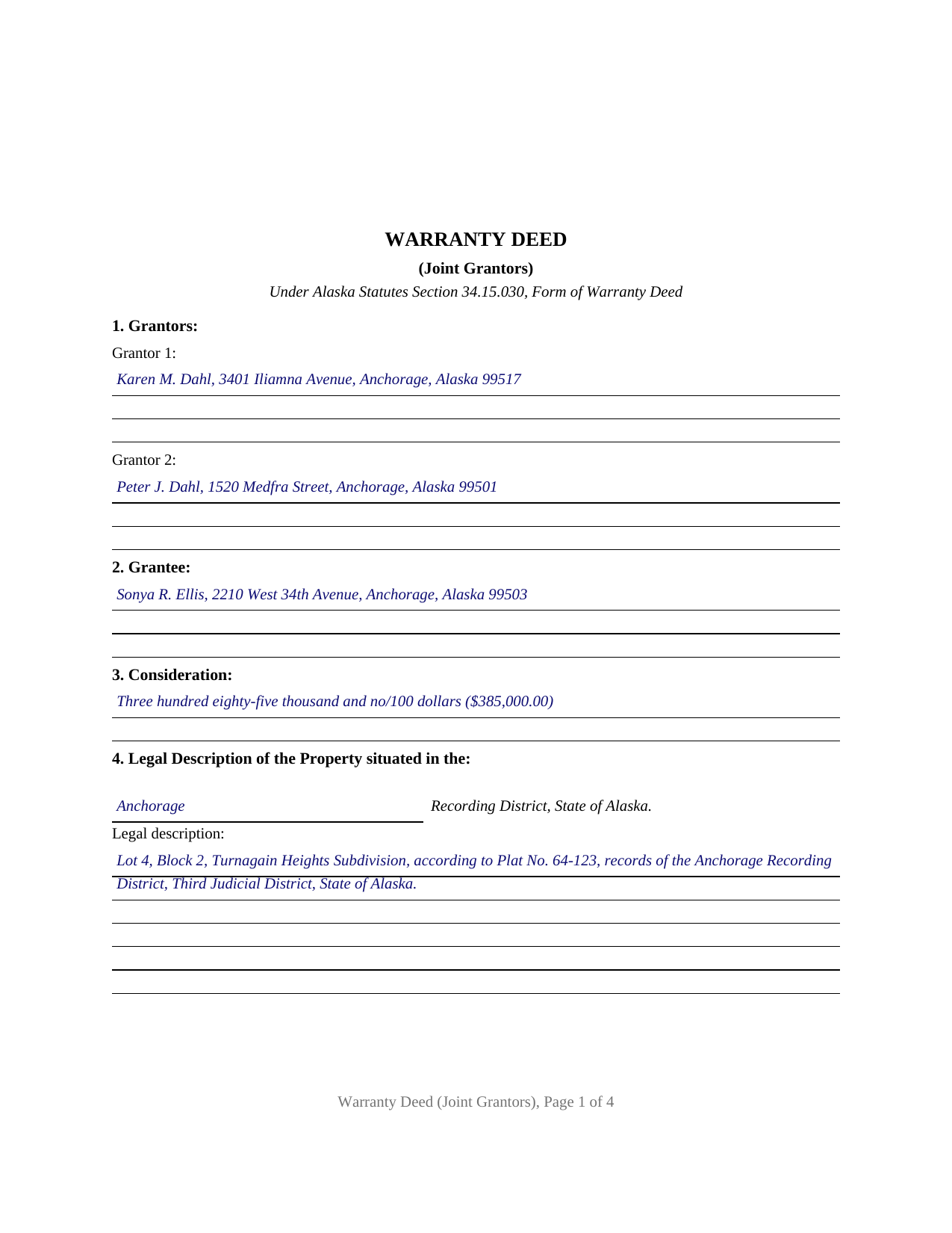 Yukon Koyukuk Borough Completed Example of the Warranty Deed (Joint Grantors) Document