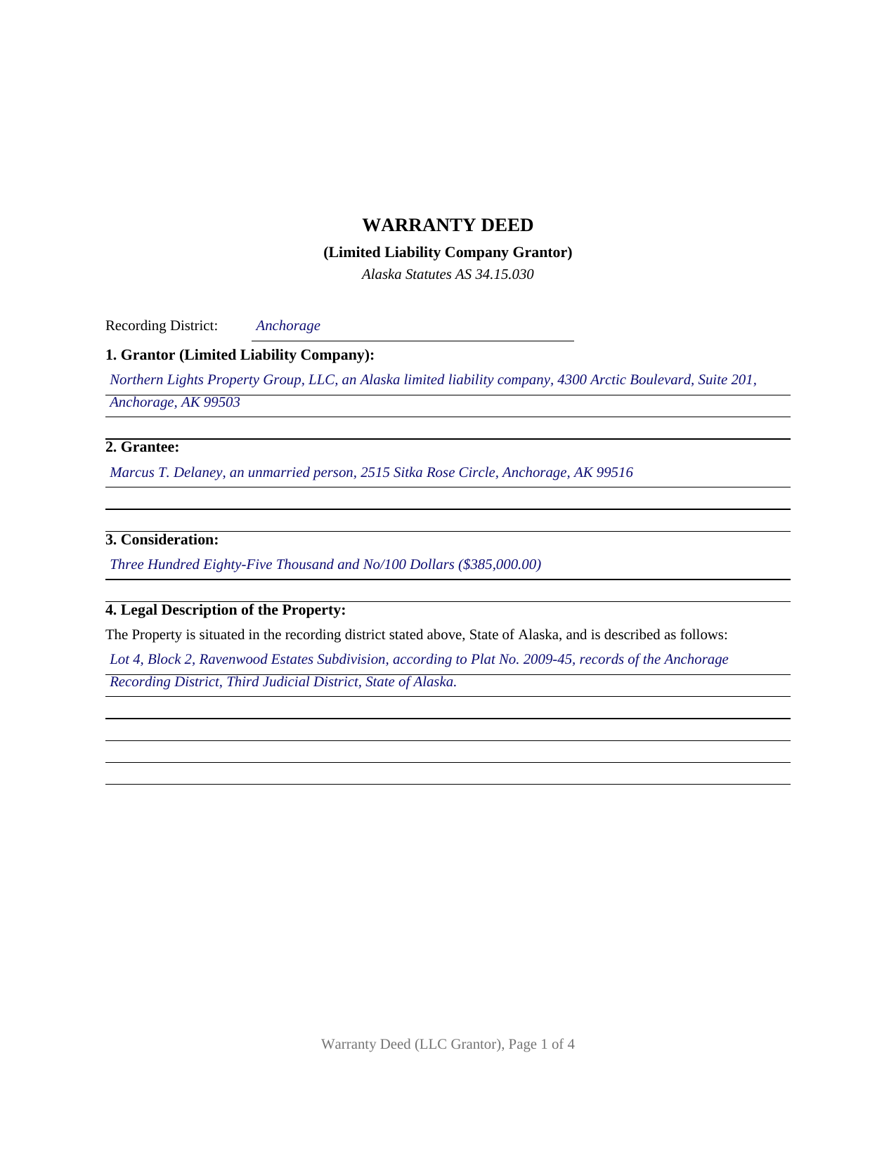 Yukon Koyukuk Borough Completed Example of the Warranty Deed (LLC Grantor) Document