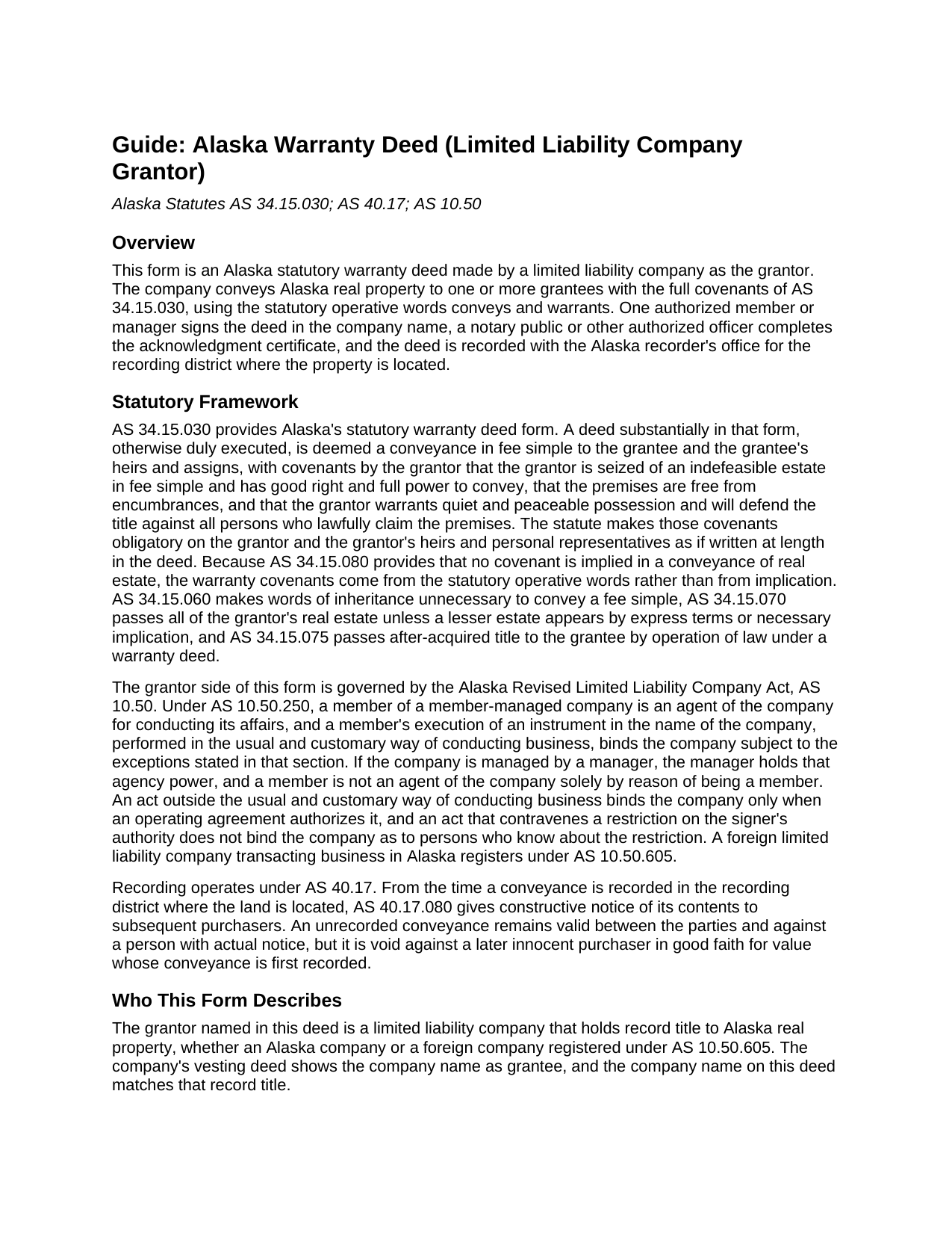 Yukon Koyukuk Borough Warranty Deed (LLC Grantor) Guide