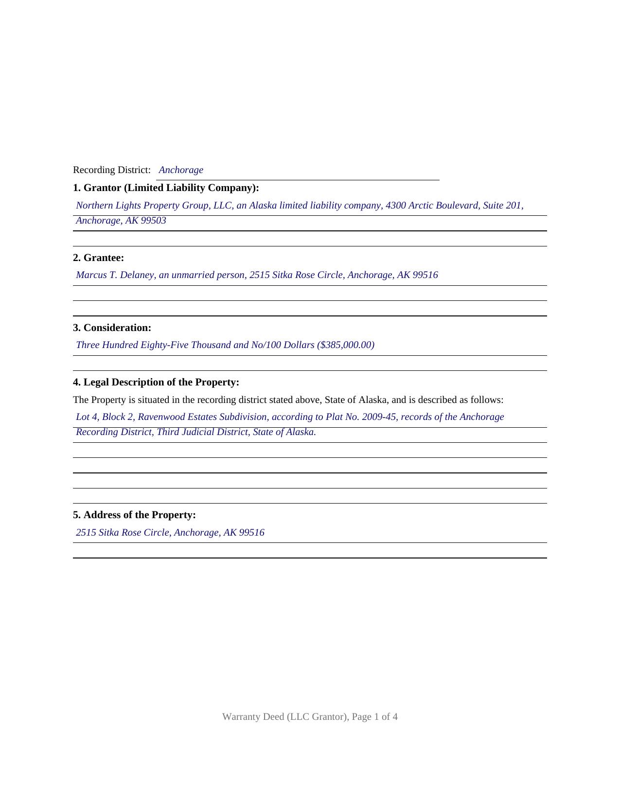Yukon Koyukuk Borough Completed Example of the Warranty Deed (LLC Grantor) Document