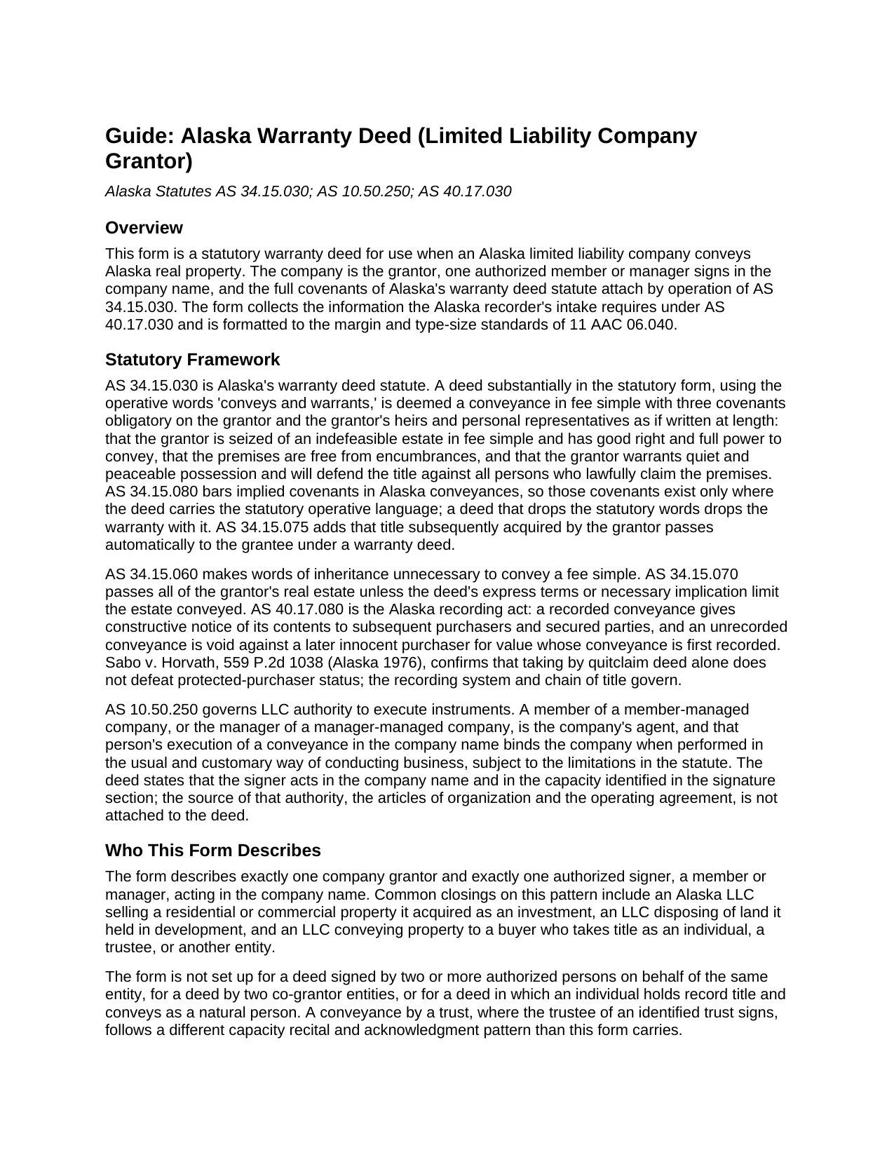 Yukon Koyukuk Borough Warranty Deed (LLC Grantor) Guide