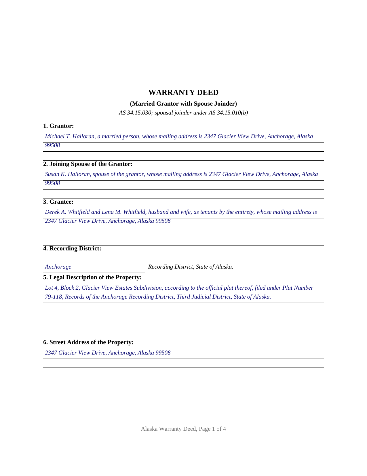 Yukon Koyukuk Borough Completed Example of the Warranty Deed (Married Grantor with Spouse Joinder) Document