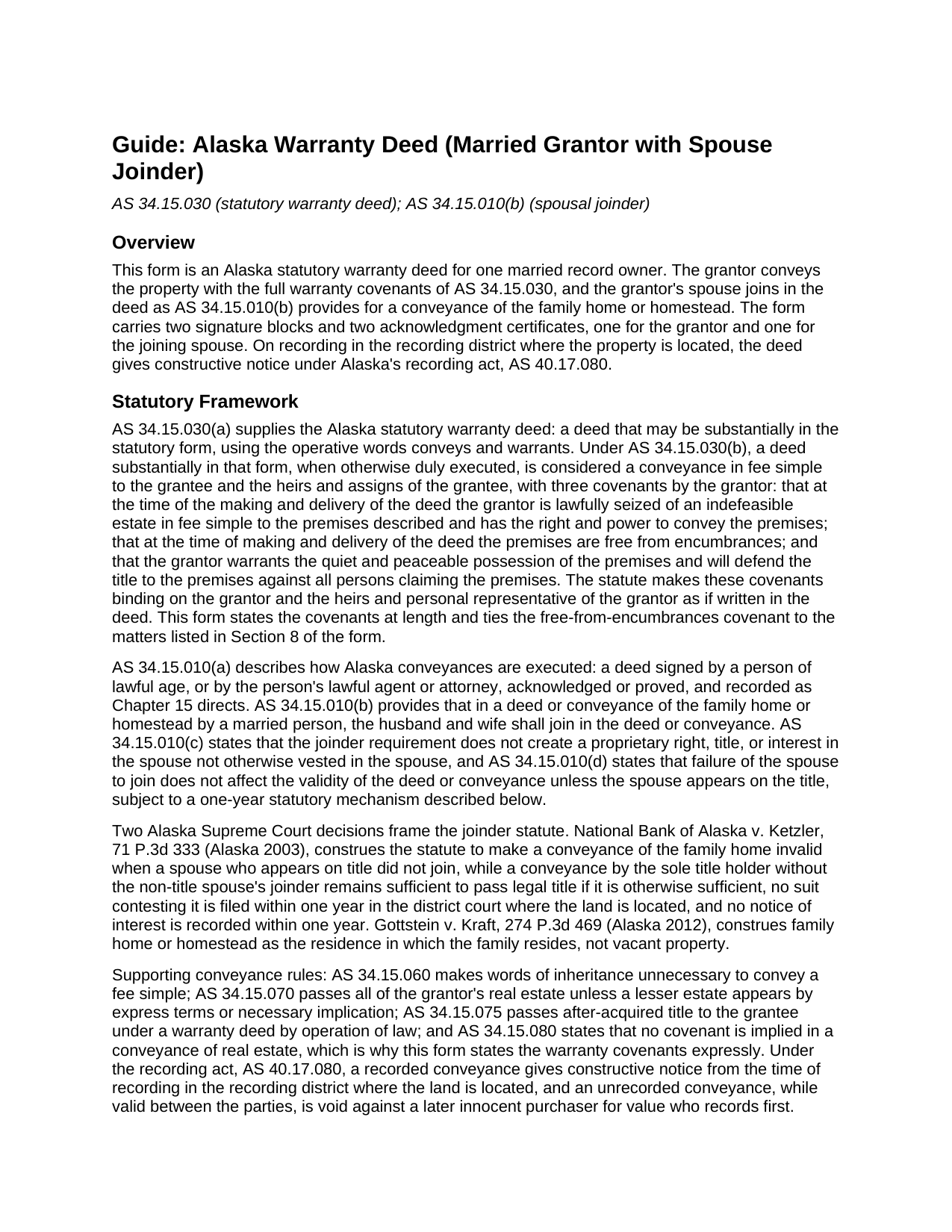 Yukon Koyukuk Borough Warranty Deed (Married Grantor with Spouse Joinder) Guide