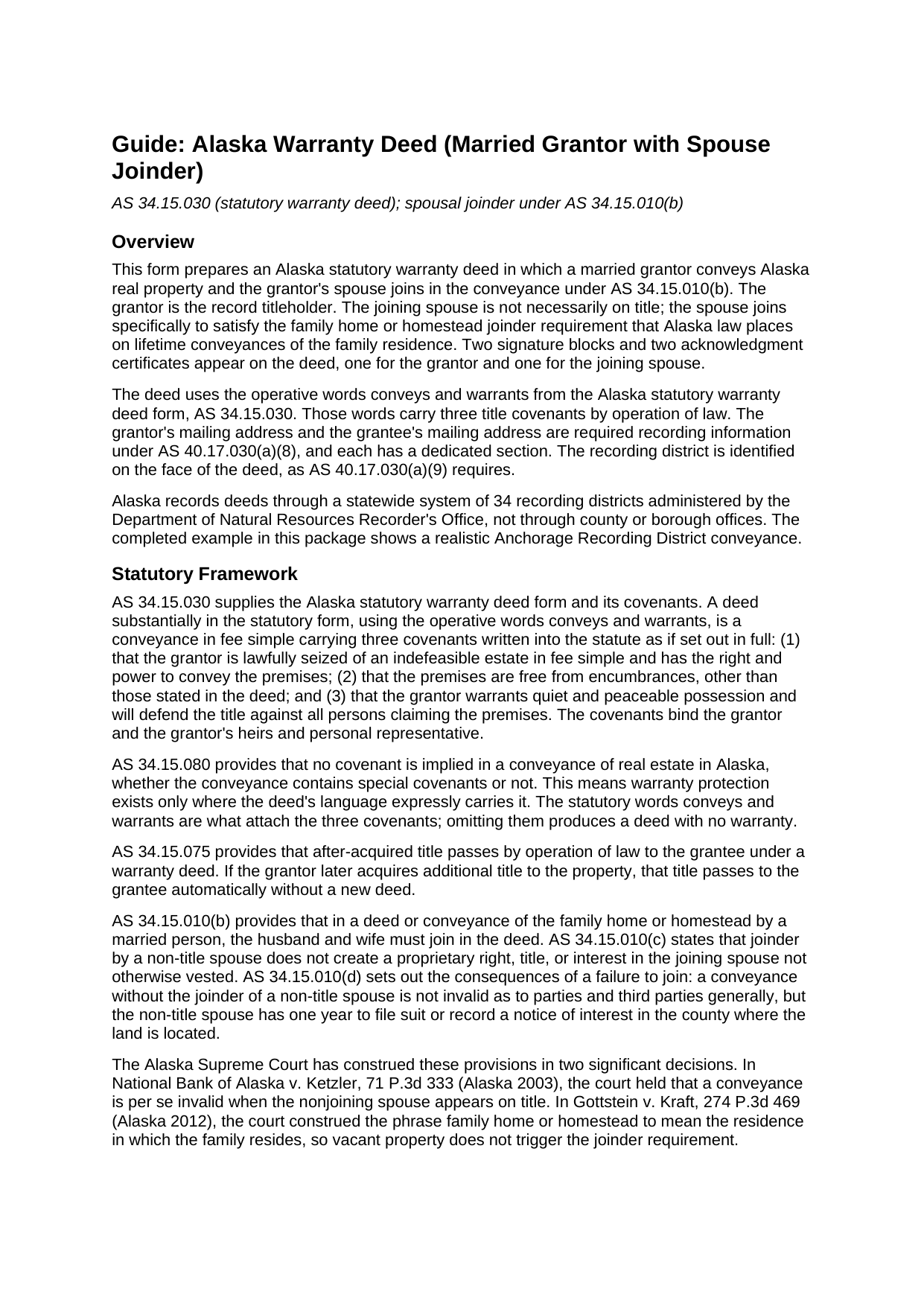 Yukon Koyukuk Borough Warranty Deed (Married Grantor with Spouse Joinder) Guide