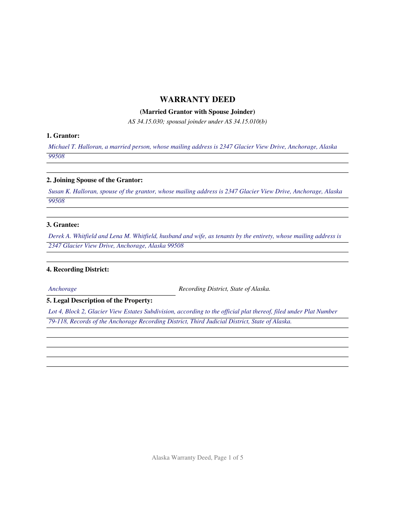 Yukon Koyukuk Borough Completed Example of the Warranty Deed (Married Grantor with Spouse Joinder) Document