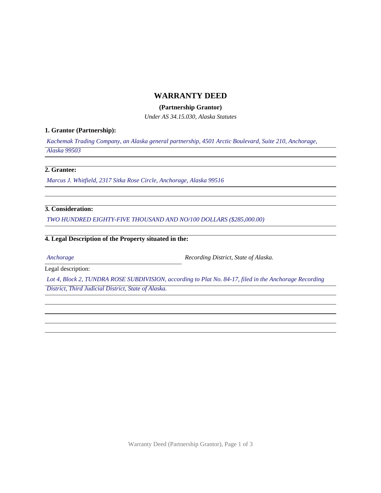 Yukon Koyukuk Borough Completed Example of the Warranty Deed (Partnership Grantor) Document