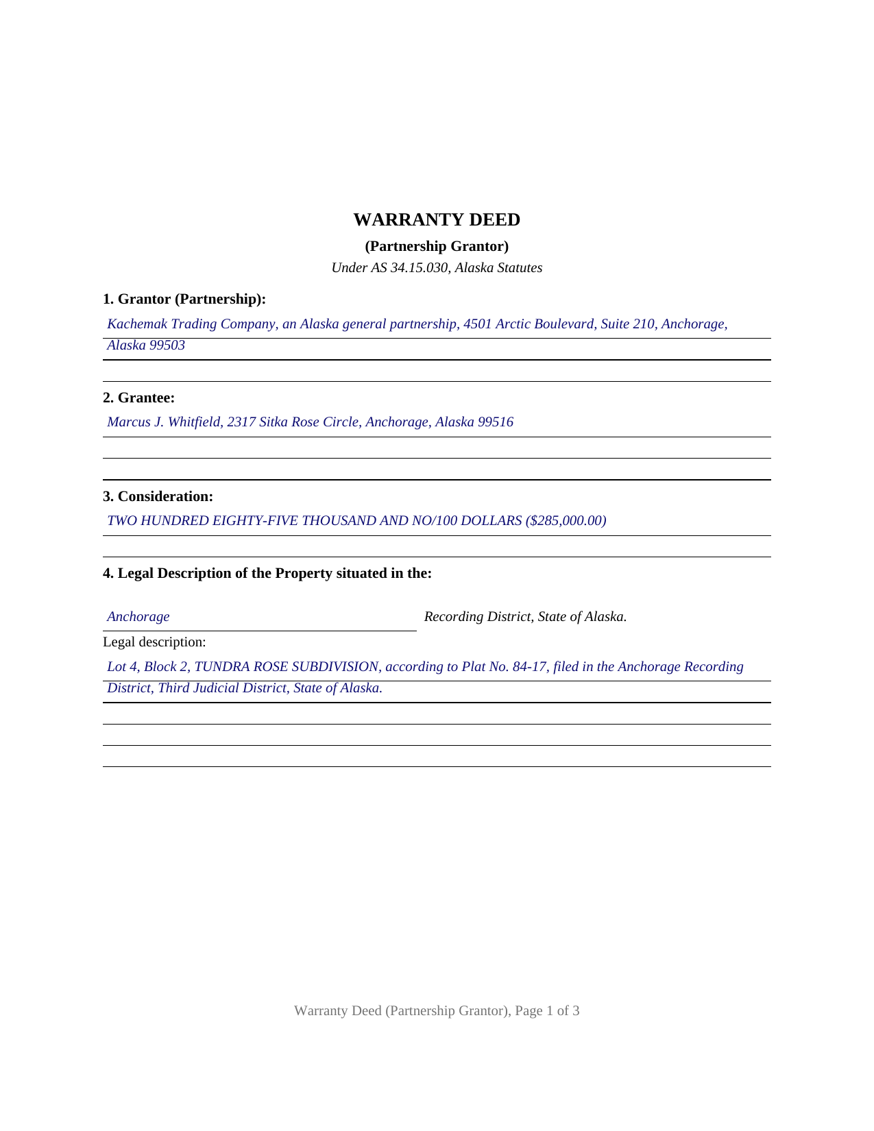 Yukon Koyukuk Borough Completed Example of the Warranty Deed (Partnership Grantor) Document