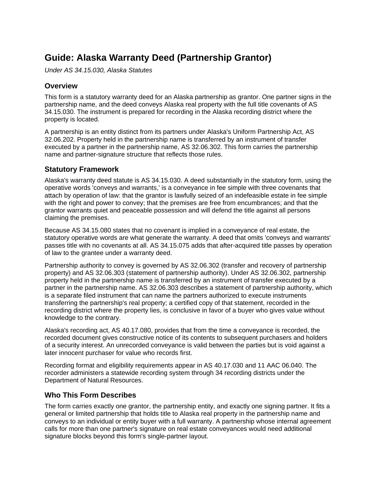 Yukon Koyukuk Borough Warranty Deed (Partnership Grantor) Guide
