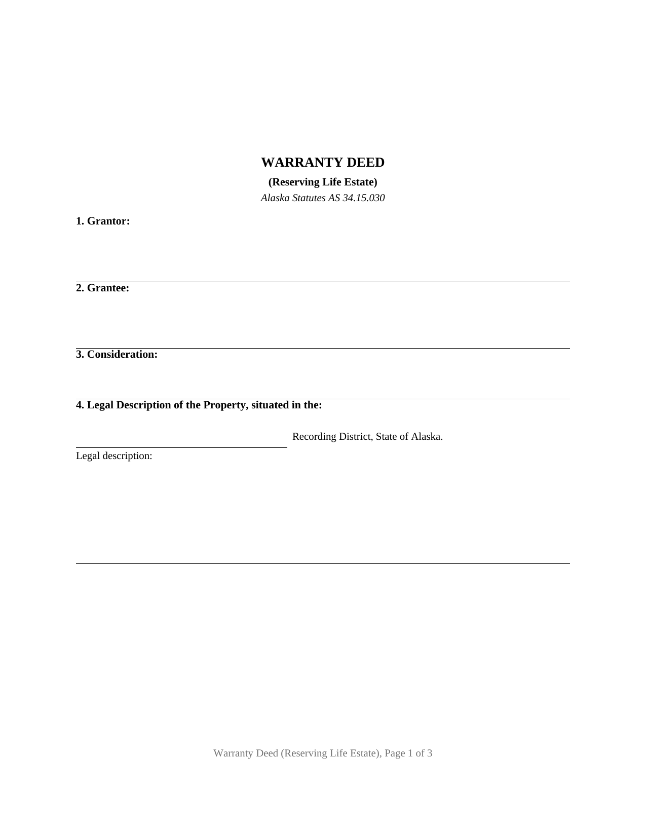 Yukon Koyukuk Borough Warranty Deed (Reserving Life Estate) Form