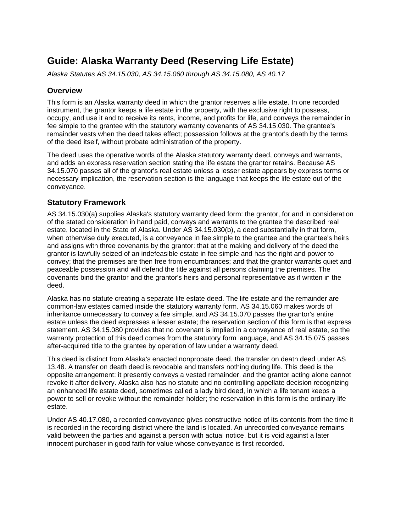 Yukon Koyukuk Borough Warranty Deed (Reserving Life Estate) Guide