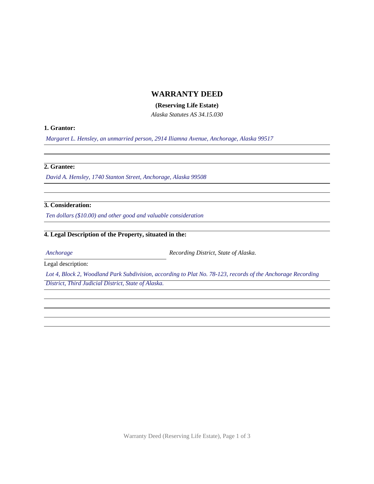 Yukon Koyukuk Borough Completed Example of the Warranty Deed (Reserving Life Estate) Document