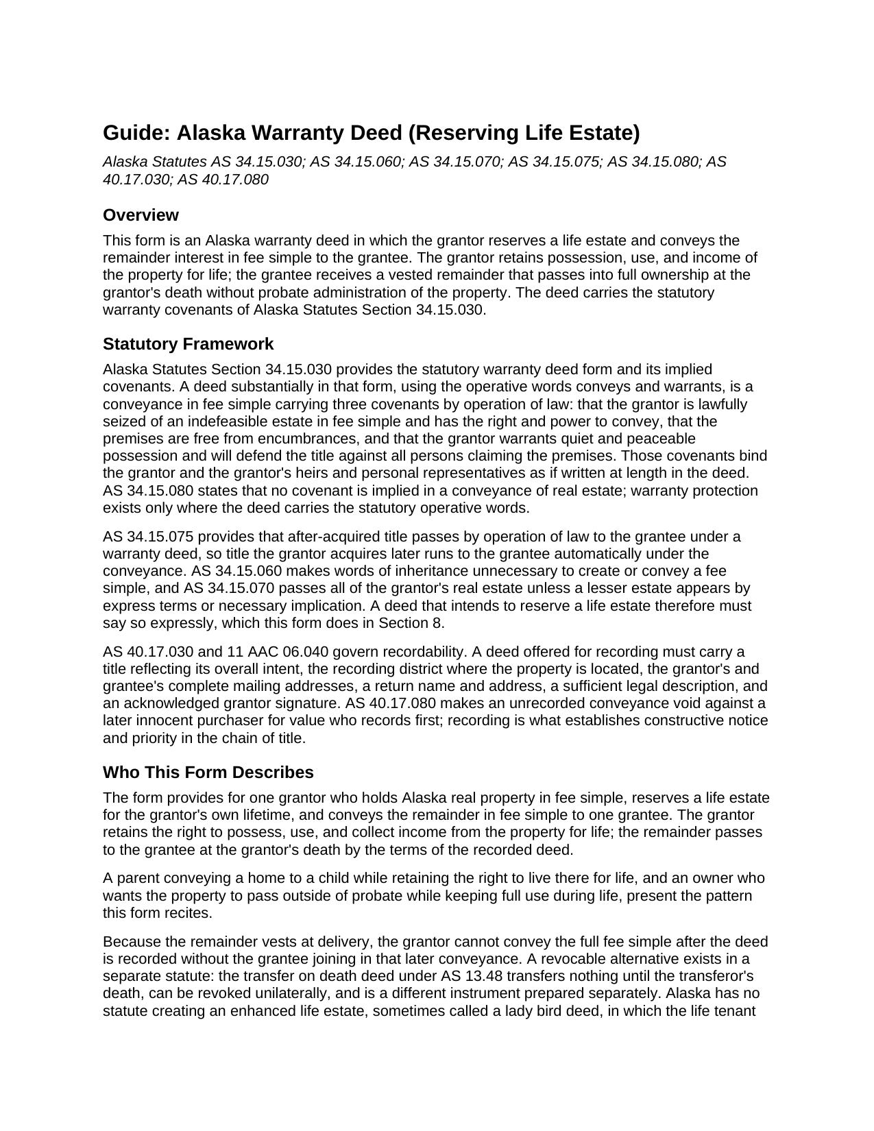 Yukon Koyukuk Borough Warranty Deed (Reserving Life Estate) Guide