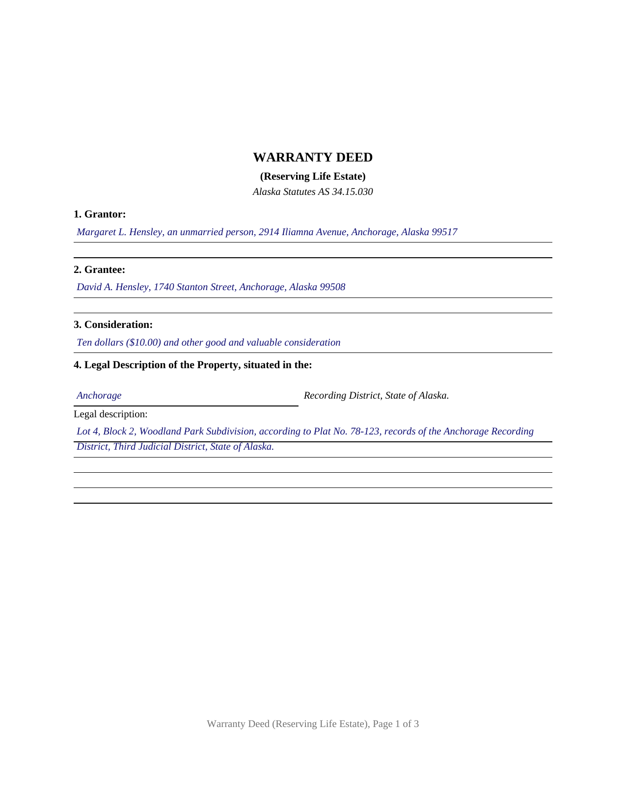 Yukon Koyukuk Borough Completed Example of the Warranty Deed (Reserving Life Estate) Document