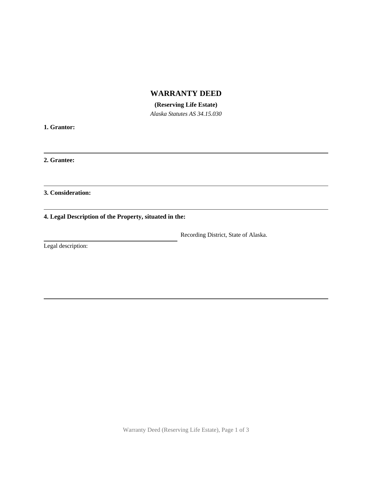 Yukon Koyukuk Borough Warranty Deed (Reserving Life Estate) Form