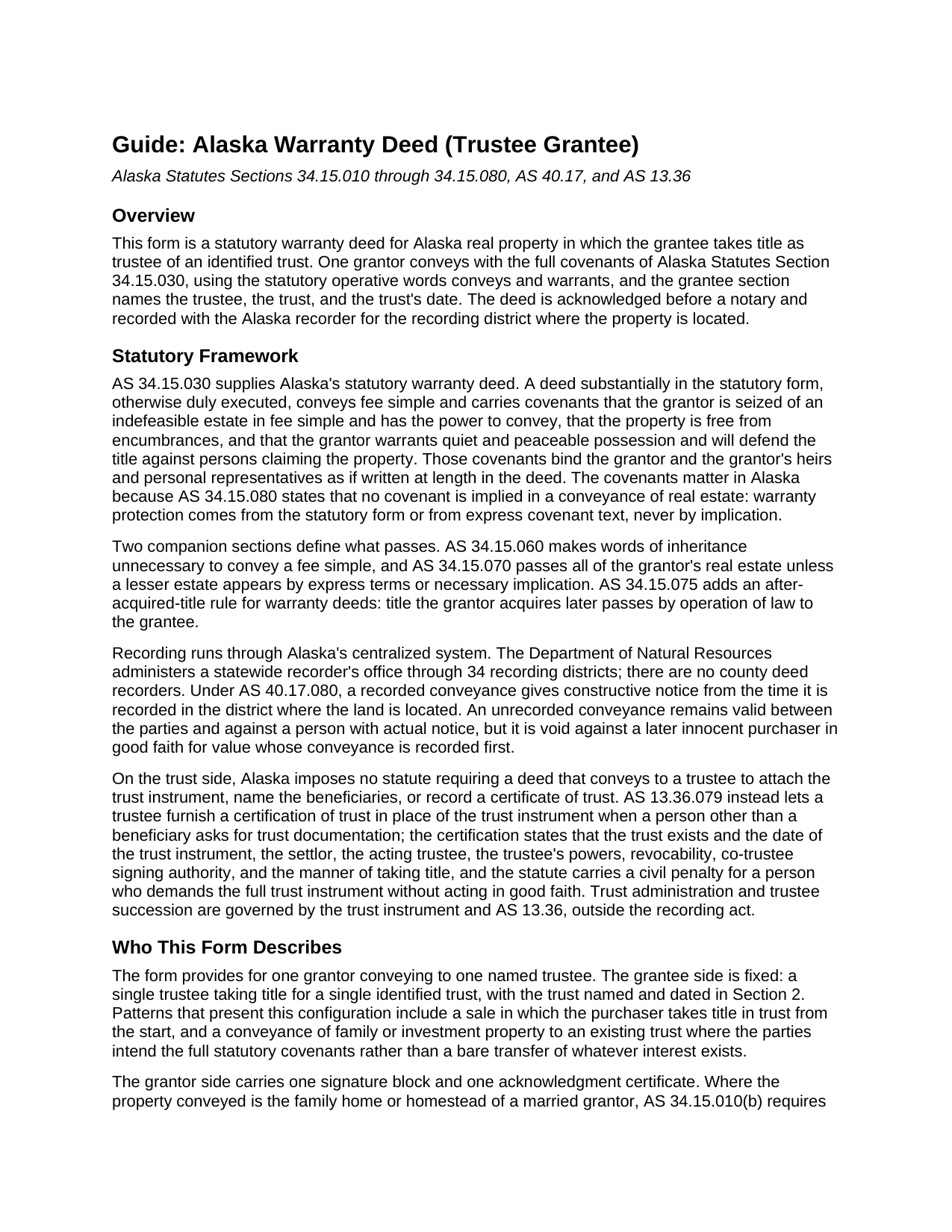 Yukon Koyukuk Borough Warranty Deed (Trustee Grantee) Guide