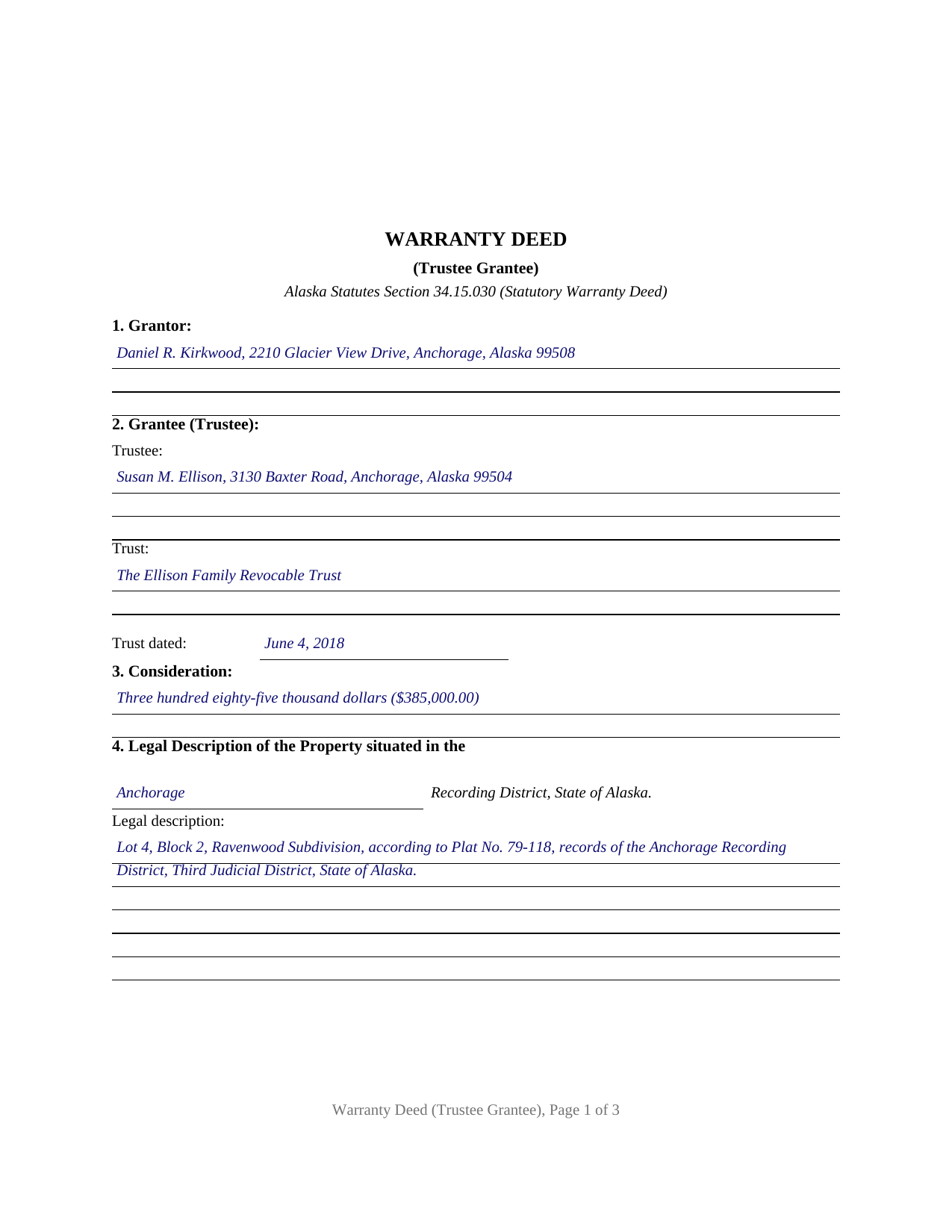 Yukon Koyukuk Borough Completed Example of the Warranty Deed (Trustee Grantee) Document