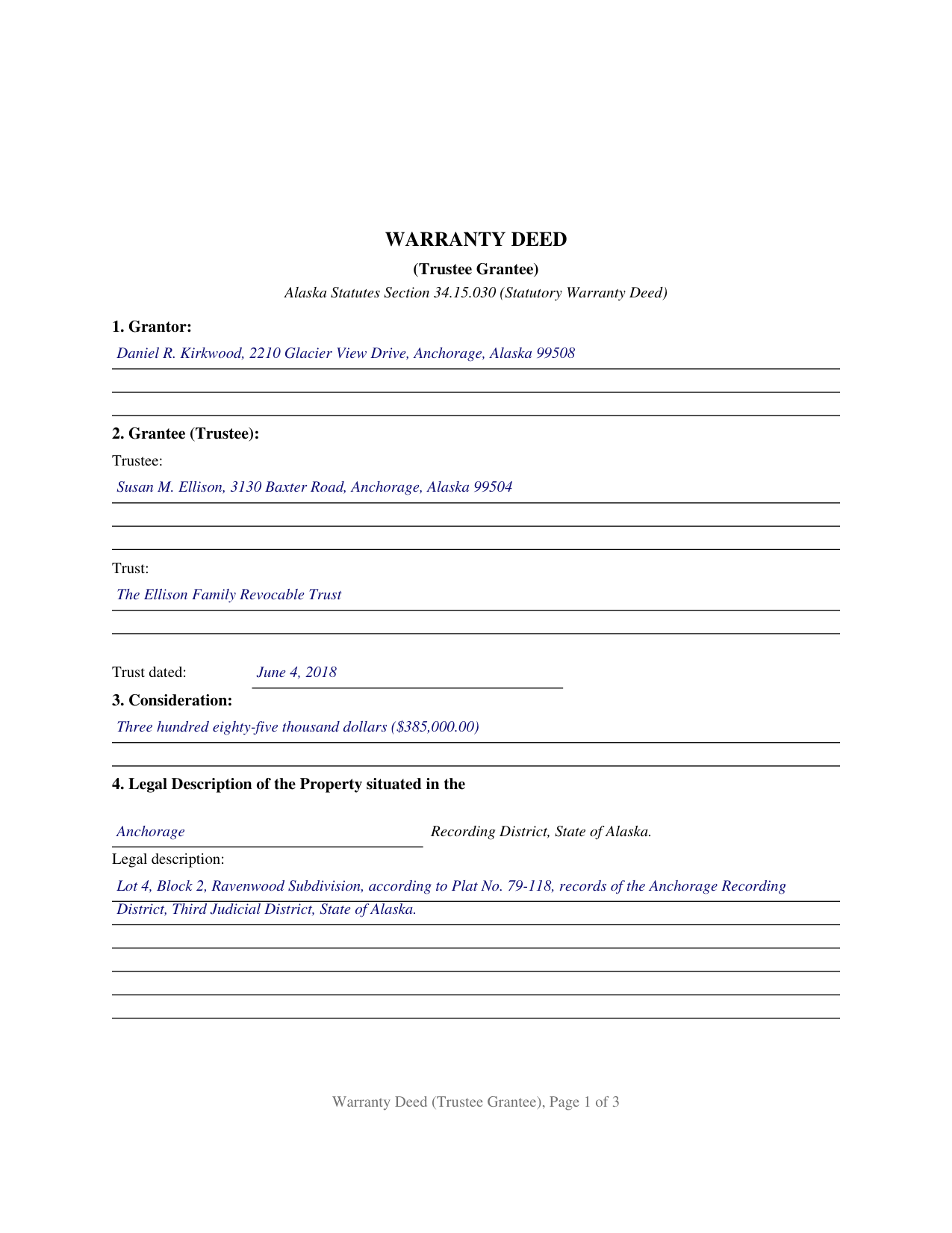 Yukon Koyukuk Borough Completed Example of the Warranty Deed (Trustee Grantee) Document
