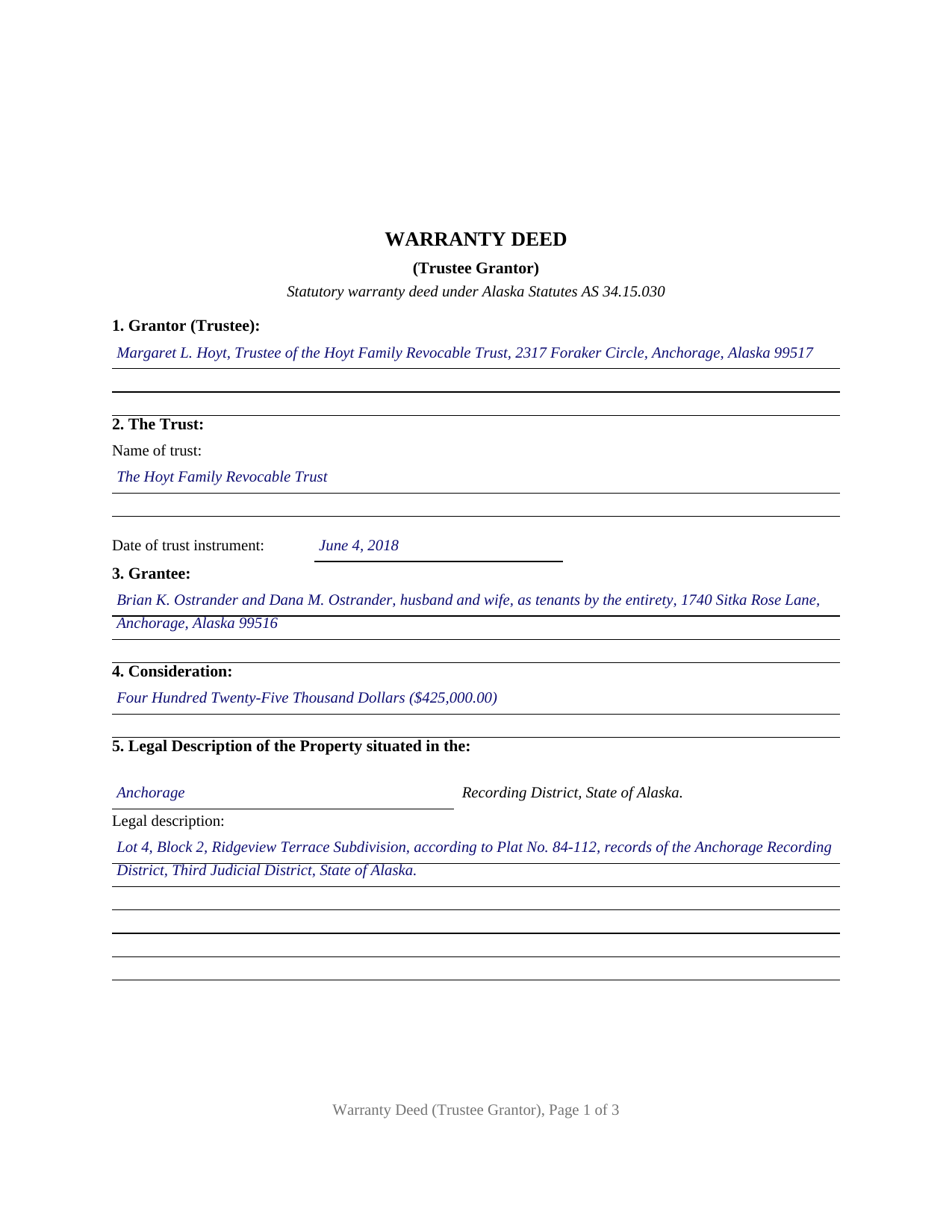 Yukon Koyukuk Borough Completed Example of the Warranty Deed (Trustee Grantor) Document