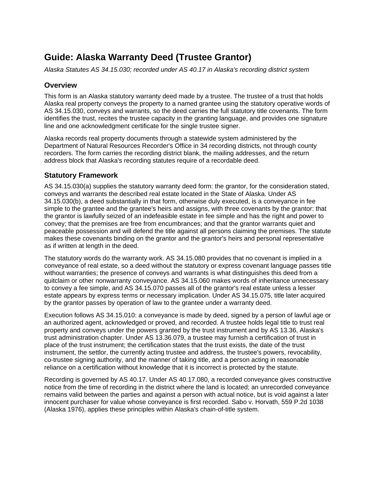 Yukon Koyukuk Borough Warranty Deed (Trustee Grantor) Guide