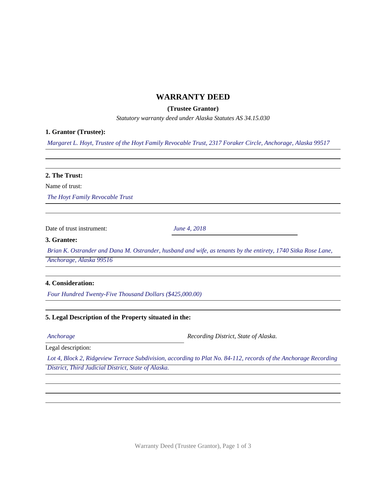 Yukon Koyukuk Borough Completed Example of the Warranty Deed (Trustee Grantor) Document