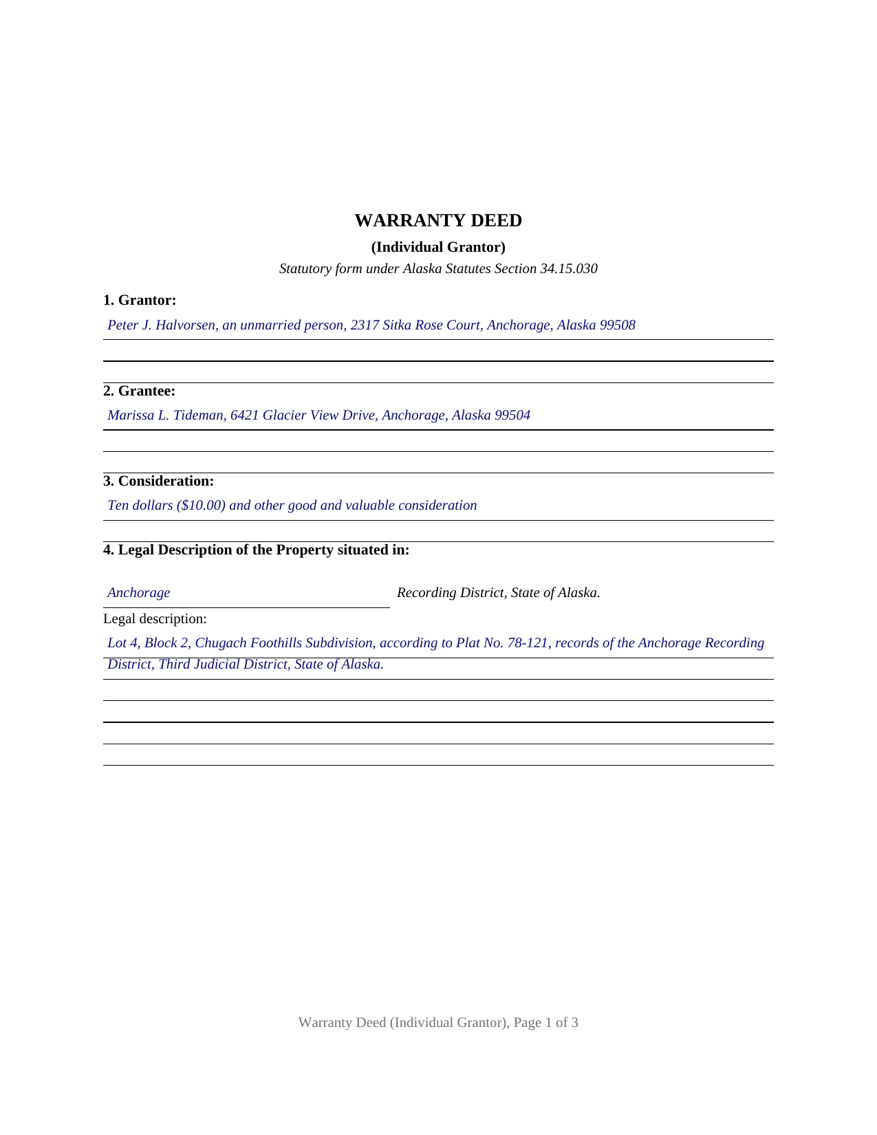 Kodiak Island Borough Completed Example of the Warranty Deed Document