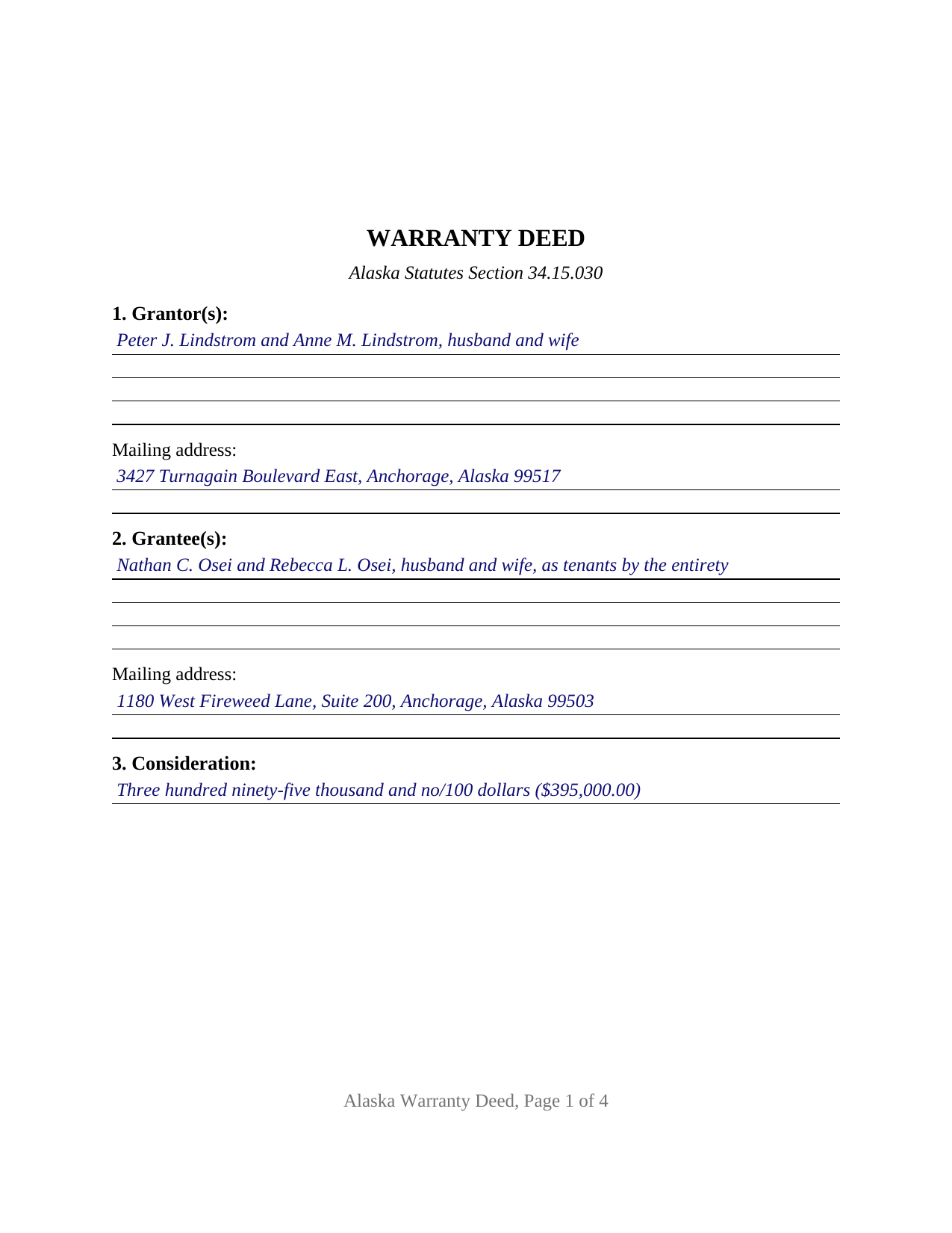 Southeast Fairbanks Borough Completed Example of the Warranty Deed Document