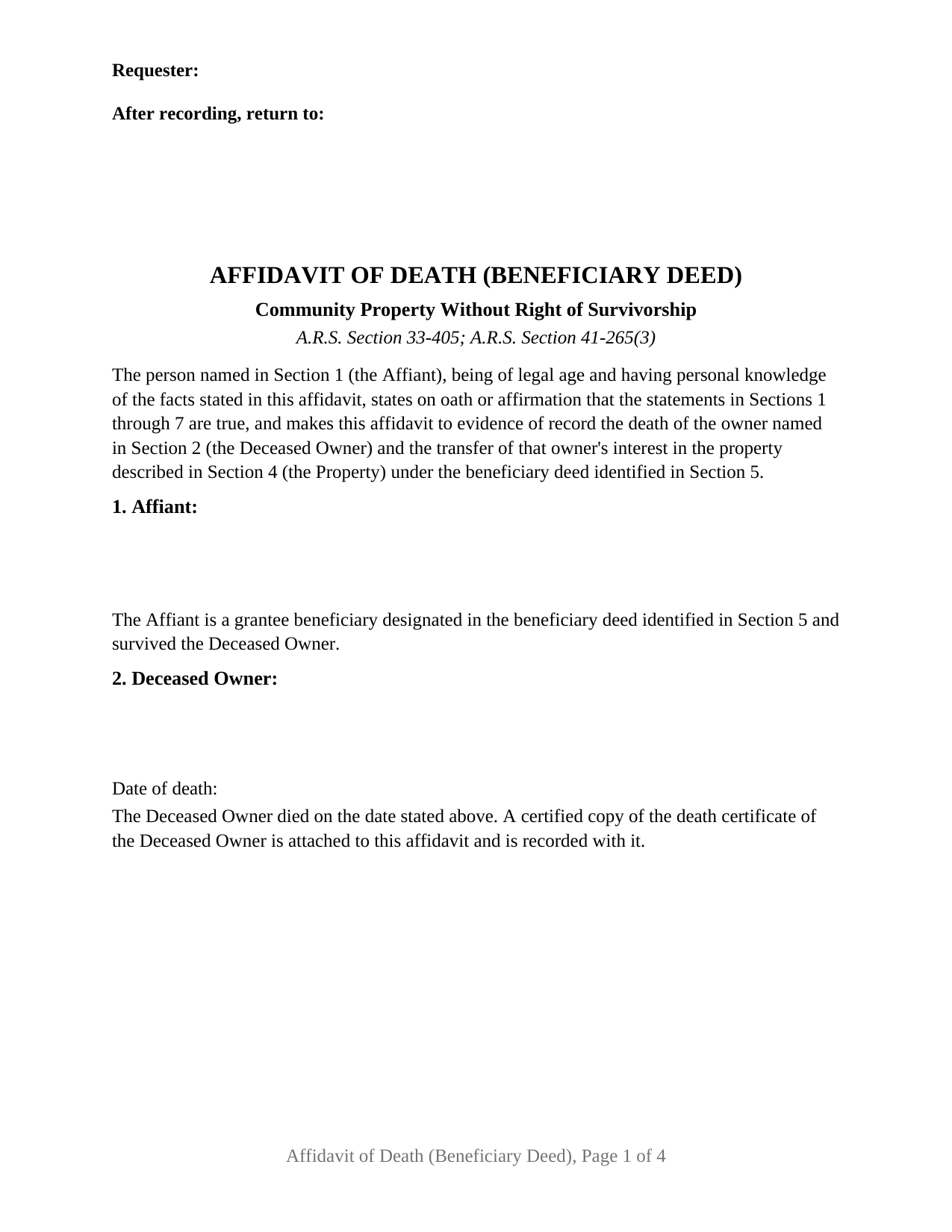La Paz County Affidavit of Death Beneficiary Deed (Community Property Without Survivorship) Form