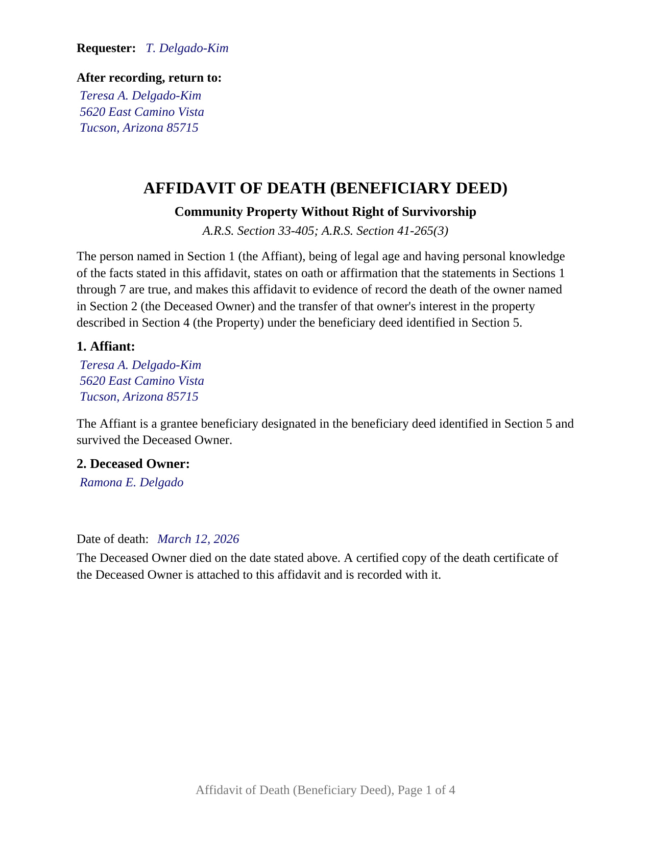 La Paz County Completed Example of the Affidavit of Death Beneficiary Deed (Community Property Without Survivorship) Document