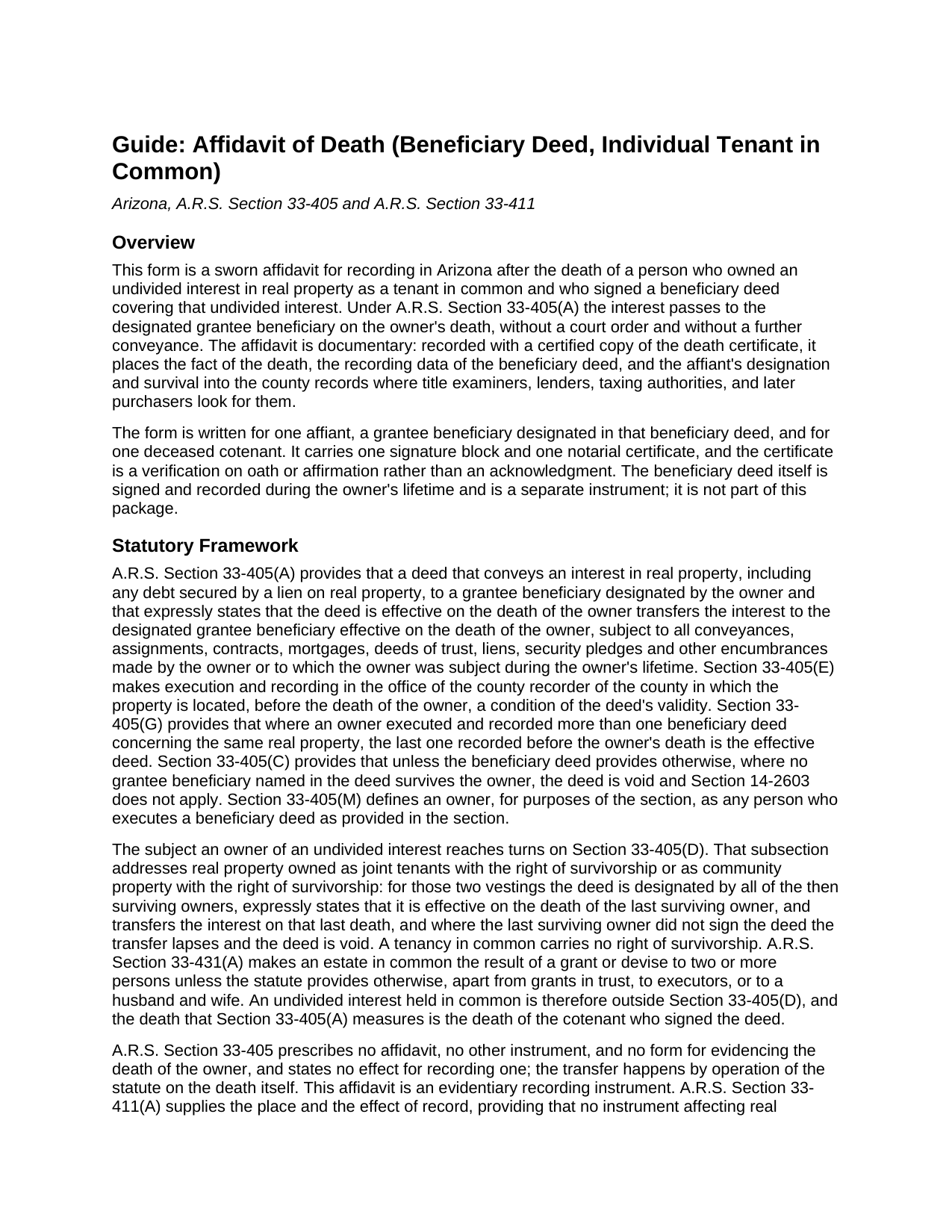 Graham County Affidavit of Death Beneficiary Deed (Individual Tenant in Common) Guide
