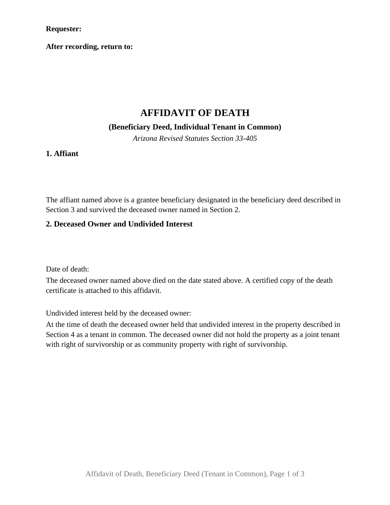 Graham County Affidavit of Death Beneficiary Deed (Individual Tenant in Common) Form