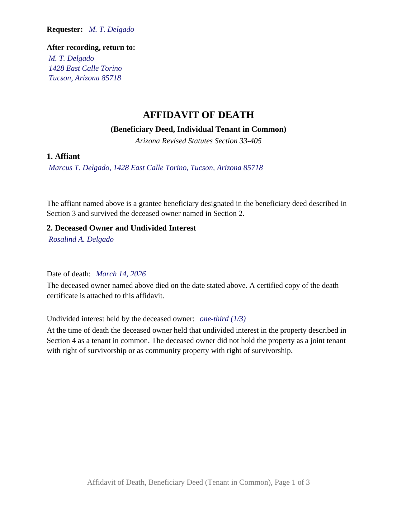 Graham County Completed Example of the Affidavit of Death Beneficiary Deed (Individual Tenant in Common) Document