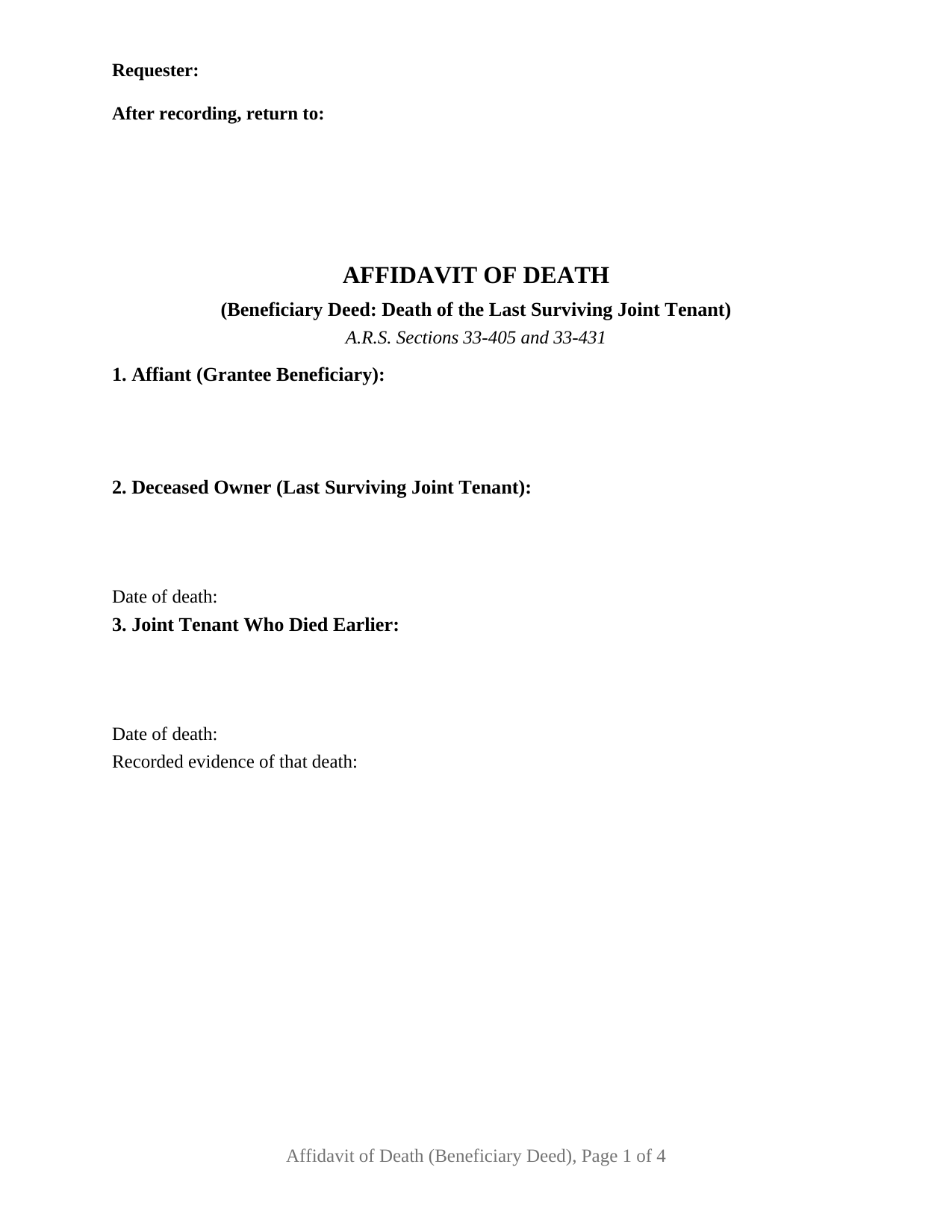 Graham County Affidavit of Death Beneficiary Deed (Last Surviving Joint Tenant) Form