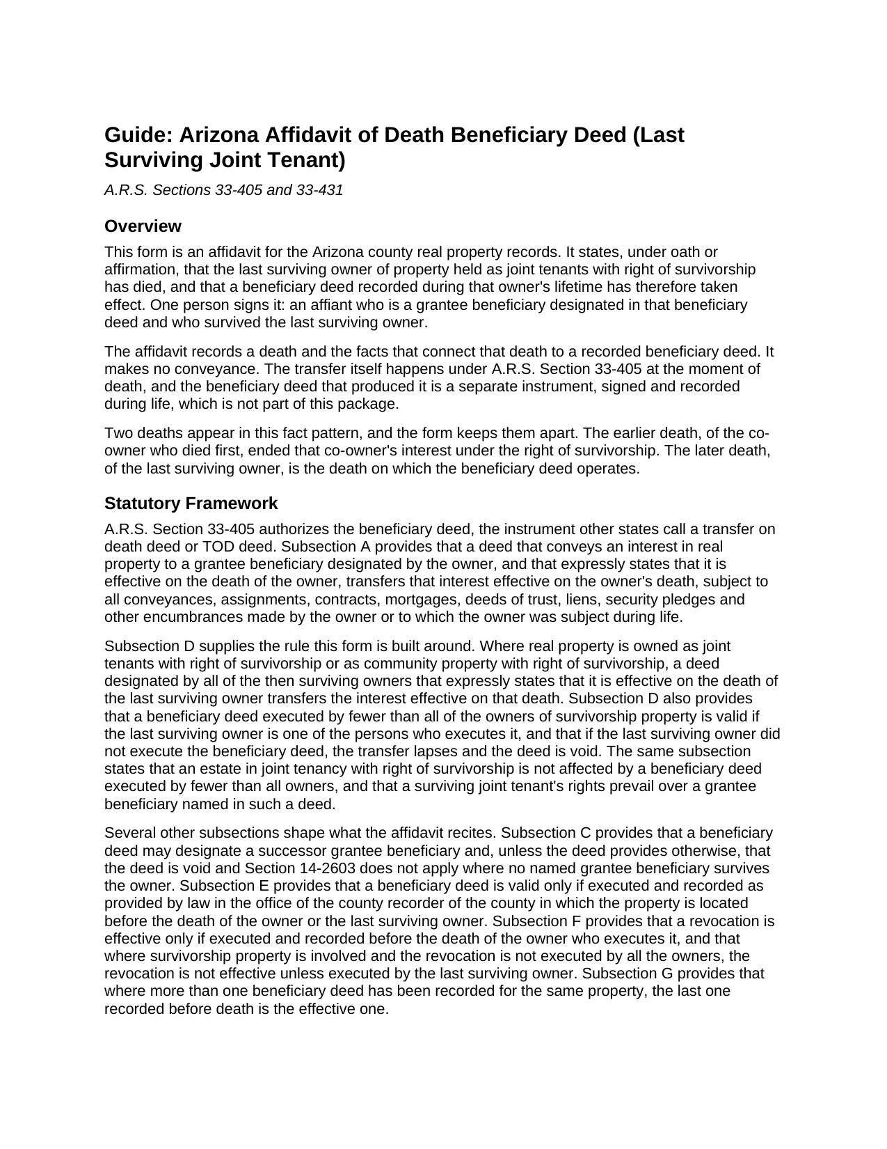 Graham County Affidavit of Death Beneficiary Deed (Last Surviving Joint Tenant) Guide