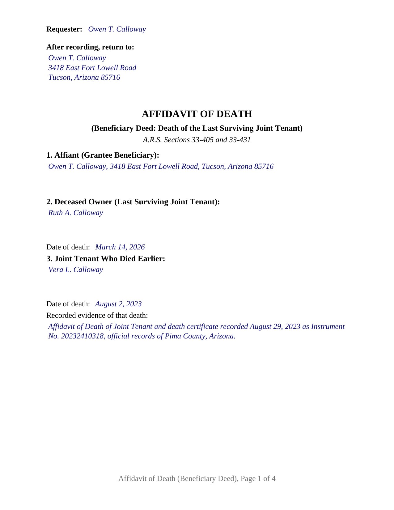 Graham County Completed Example of the Affidavit of Death Beneficiary Deed (Last Surviving Joint Tenant) Document