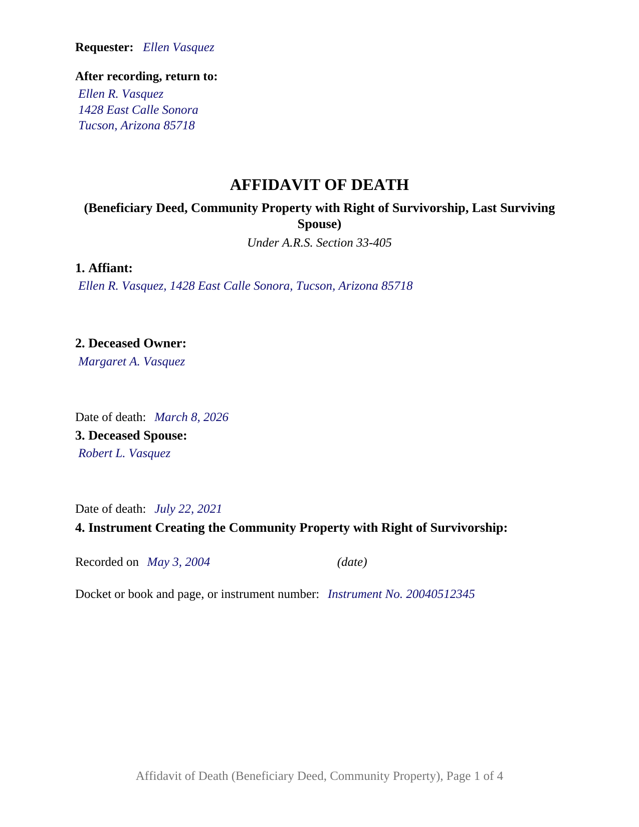 Graham County Completed Example of the Affidavit of Death Beneficiary Deed (Last Surviving Spouse, Community Property, Right of Survivorship) Document