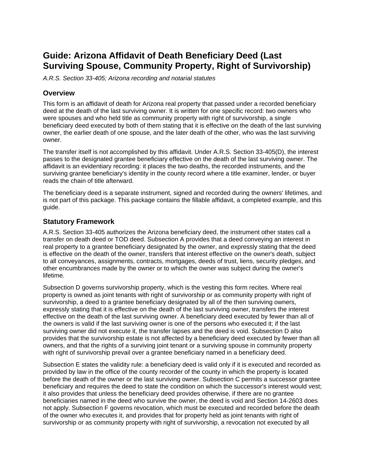 Graham County Affidavit of Death Beneficiary Deed (Last Surviving Spouse, Community Property, Right of Survivorship) Guide