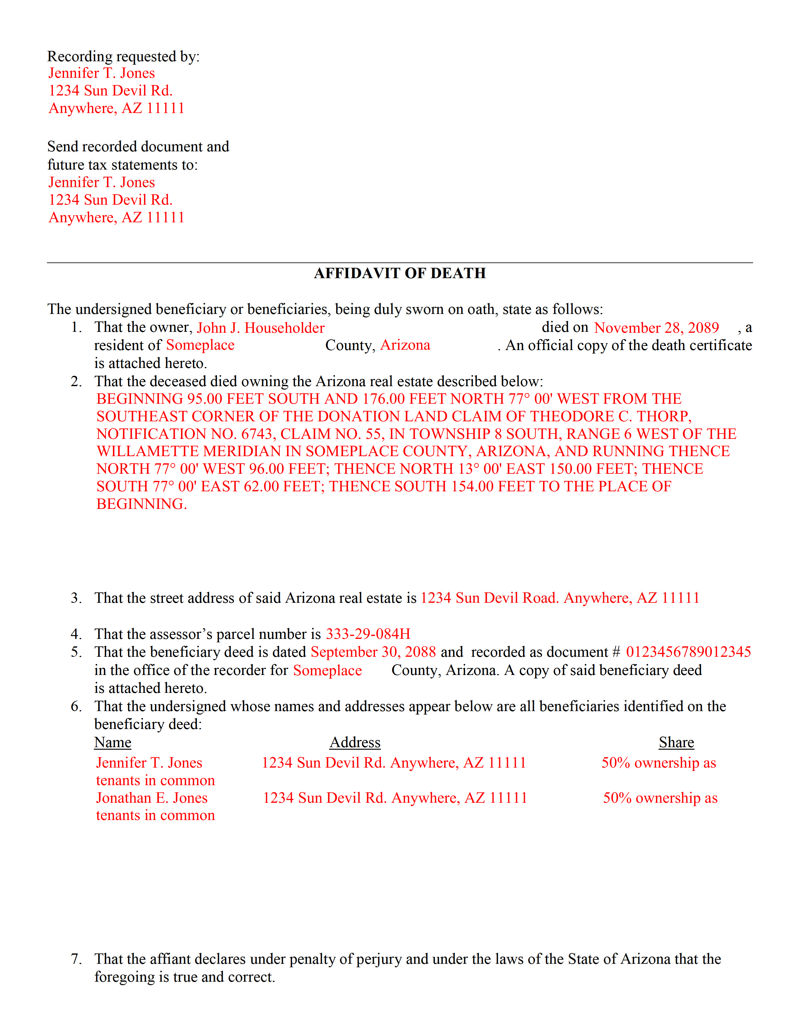 Completed Example of the Affidavit of Death Document