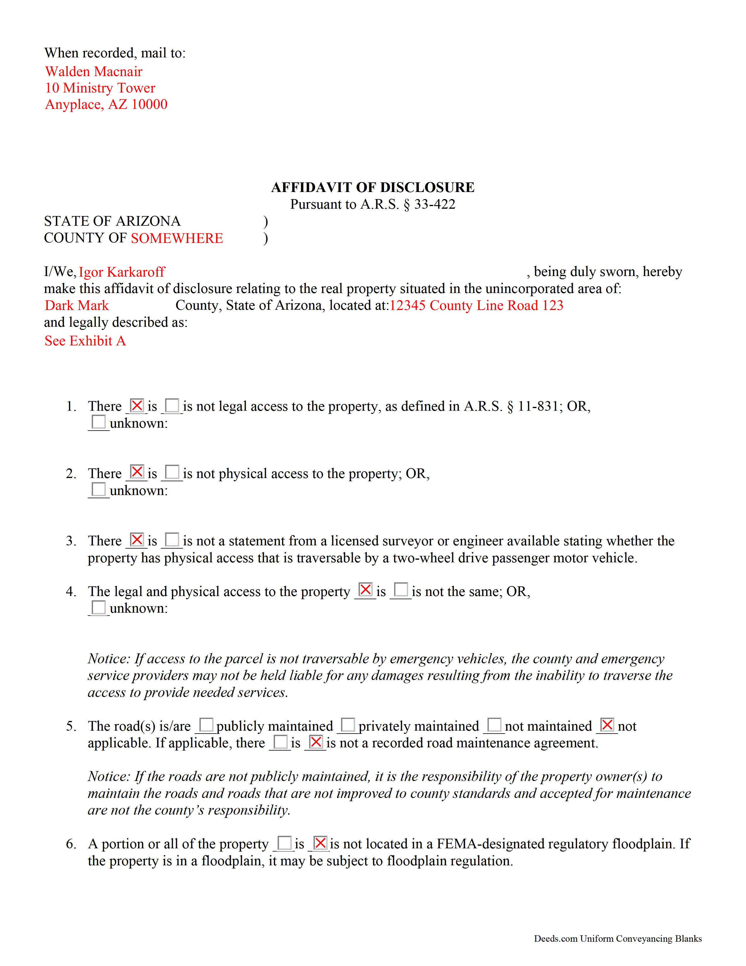 Completed Example of the Affidavit of Disclosure Document