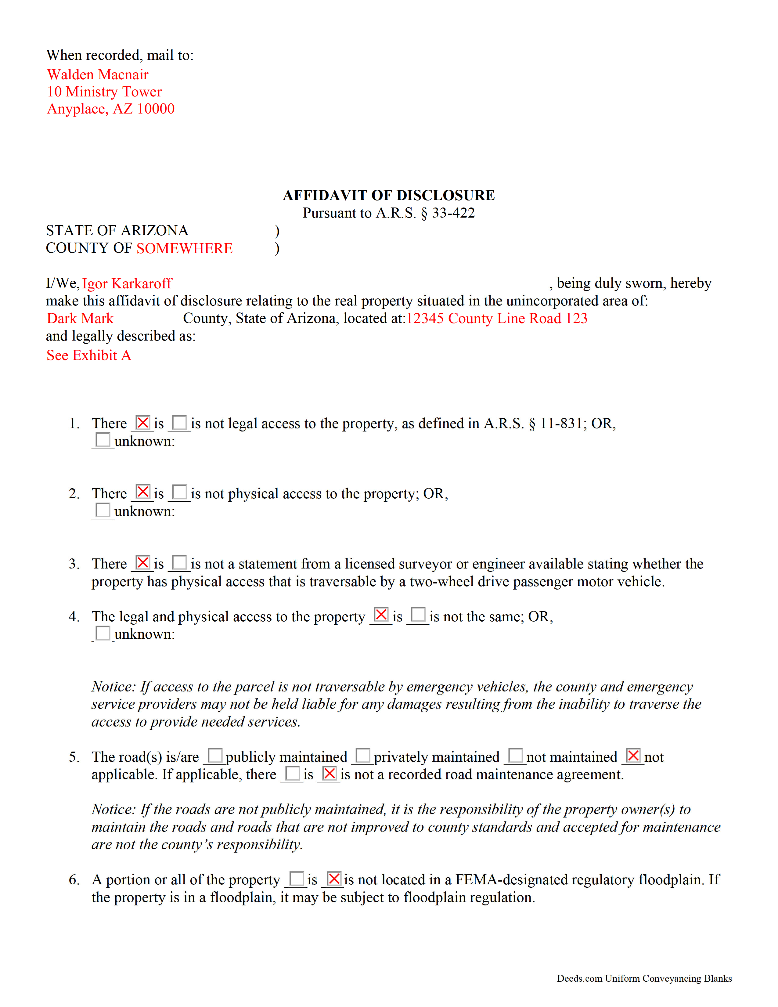 Maricopa County Completed Example of the Affidavit of Disclosure Document